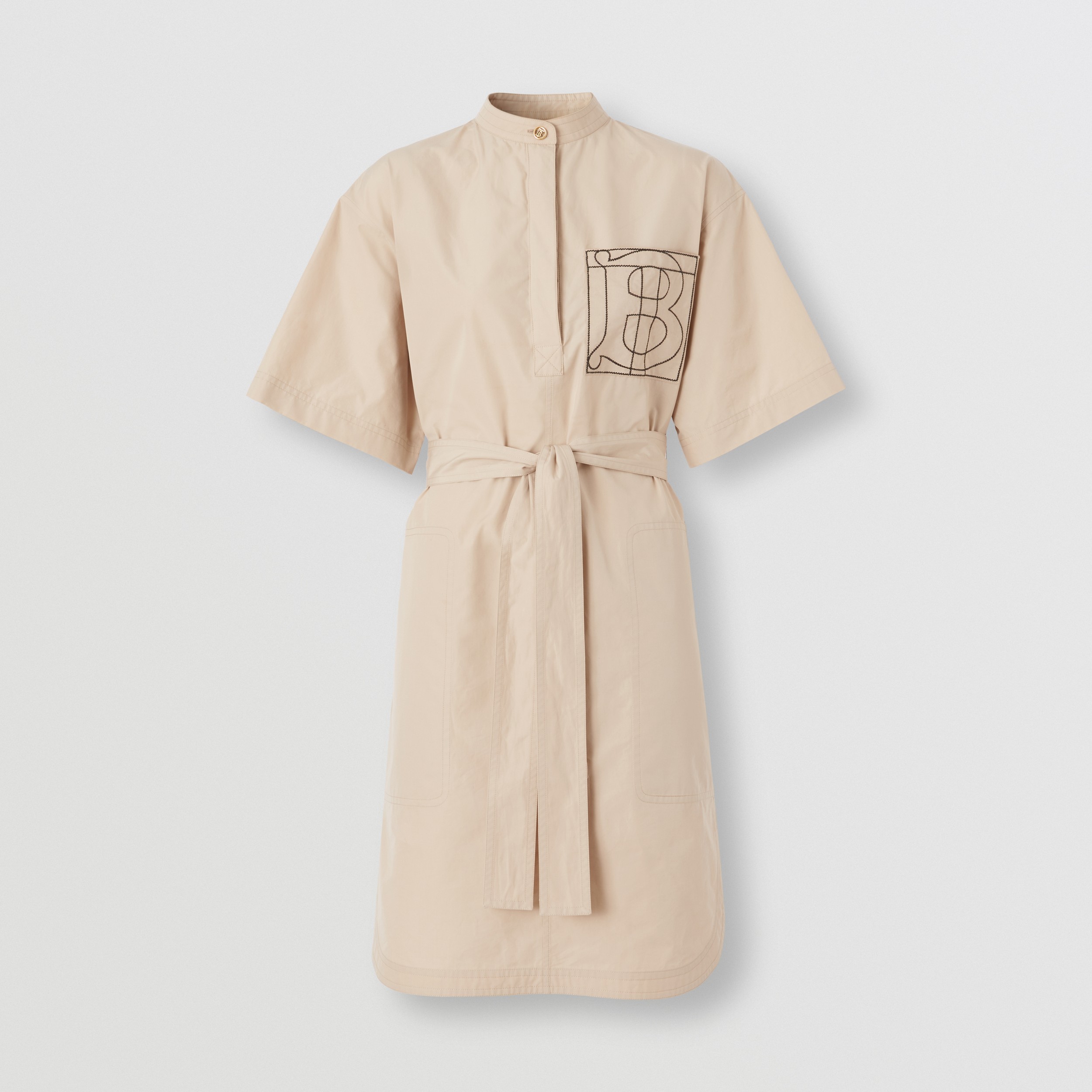 Monogram Motif Cotton Tie-waist Shirt Dress in Almond Beige - Women | Burberry® Official - 4
