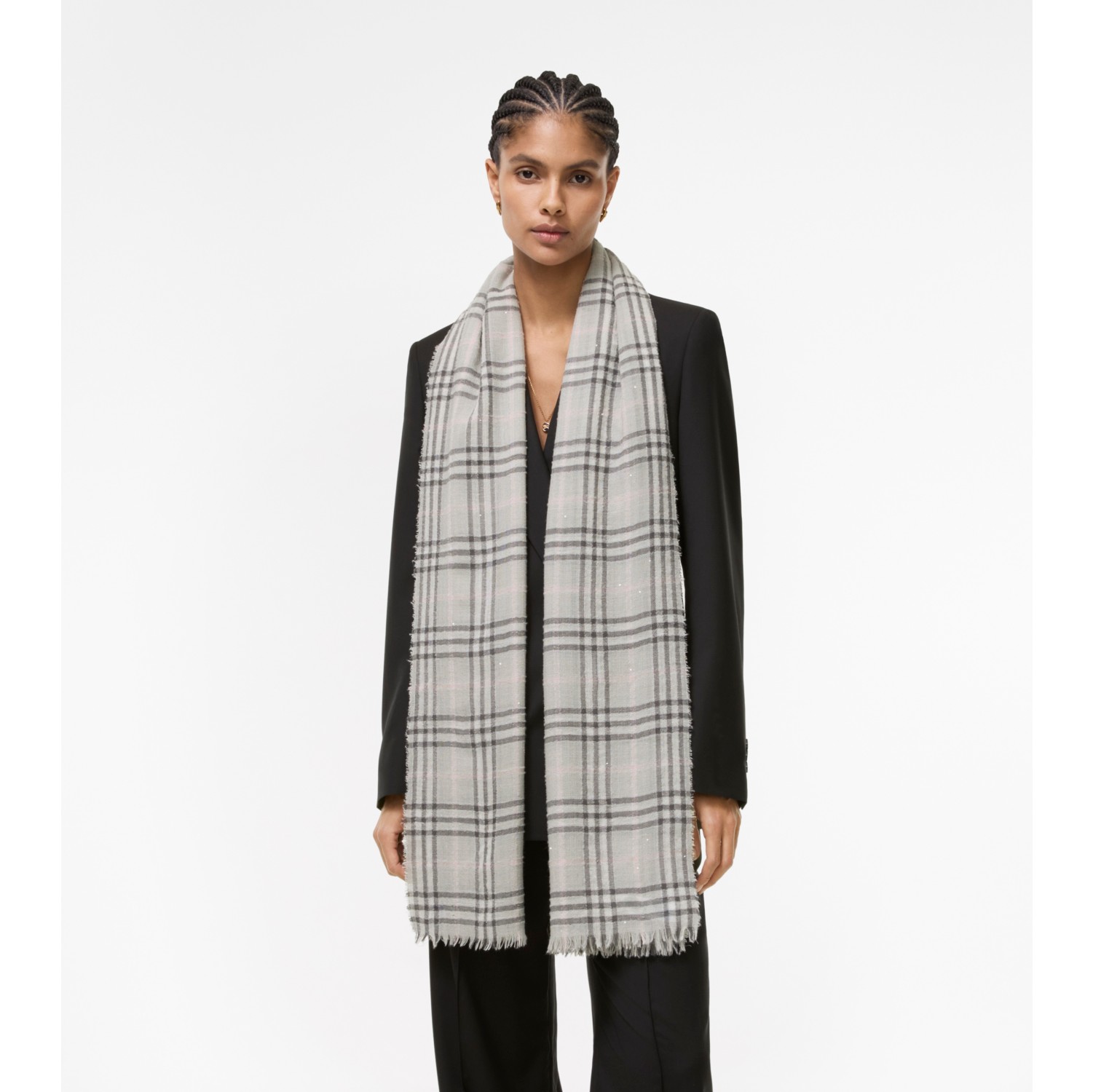Wide Embellished Check Wool Silk Blend Scarf in Mitten grey | Burberry® Official