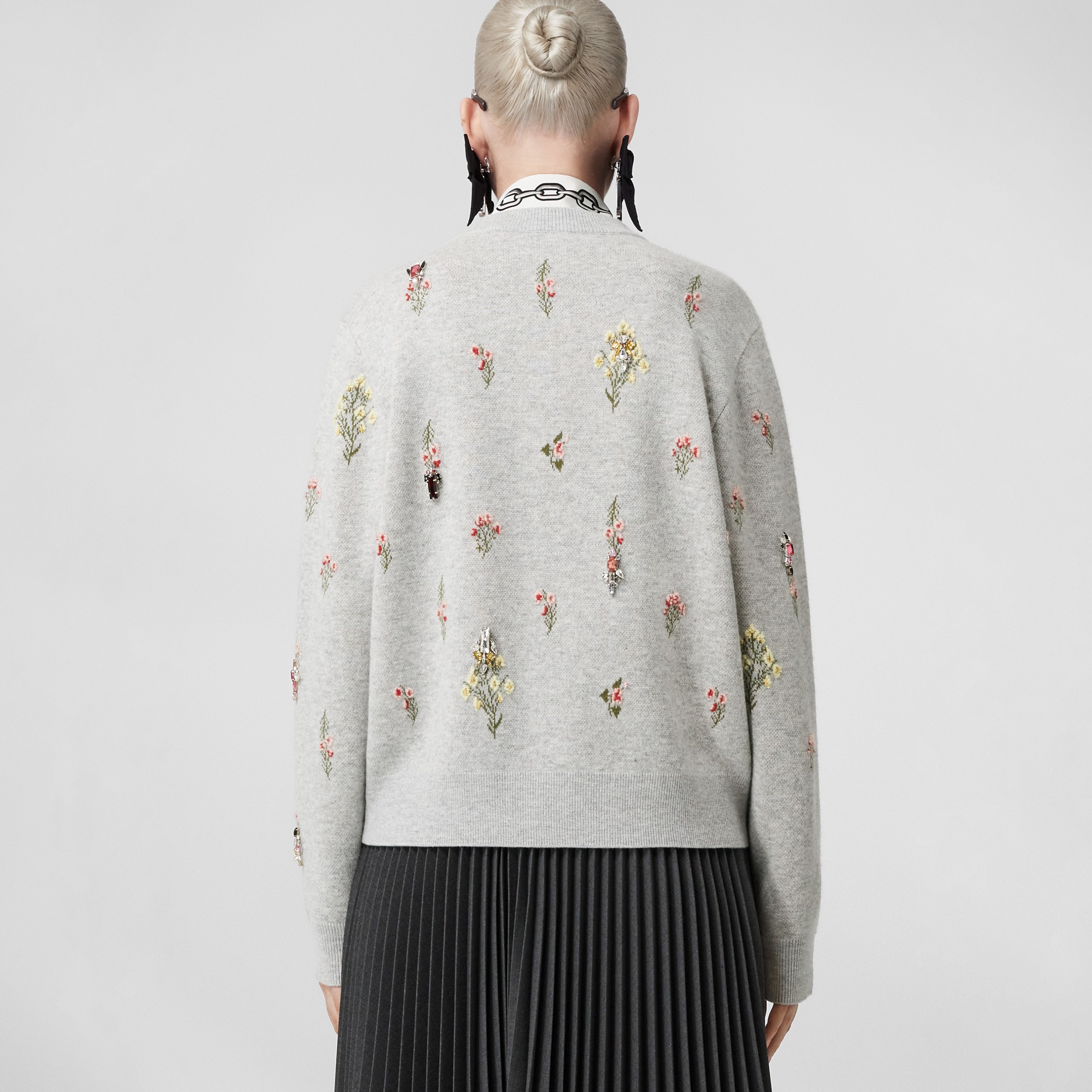 Crystal Embroidered Floral Wool Blend Cardigan in Parchment Grey - Women | Burberry® Official - 3