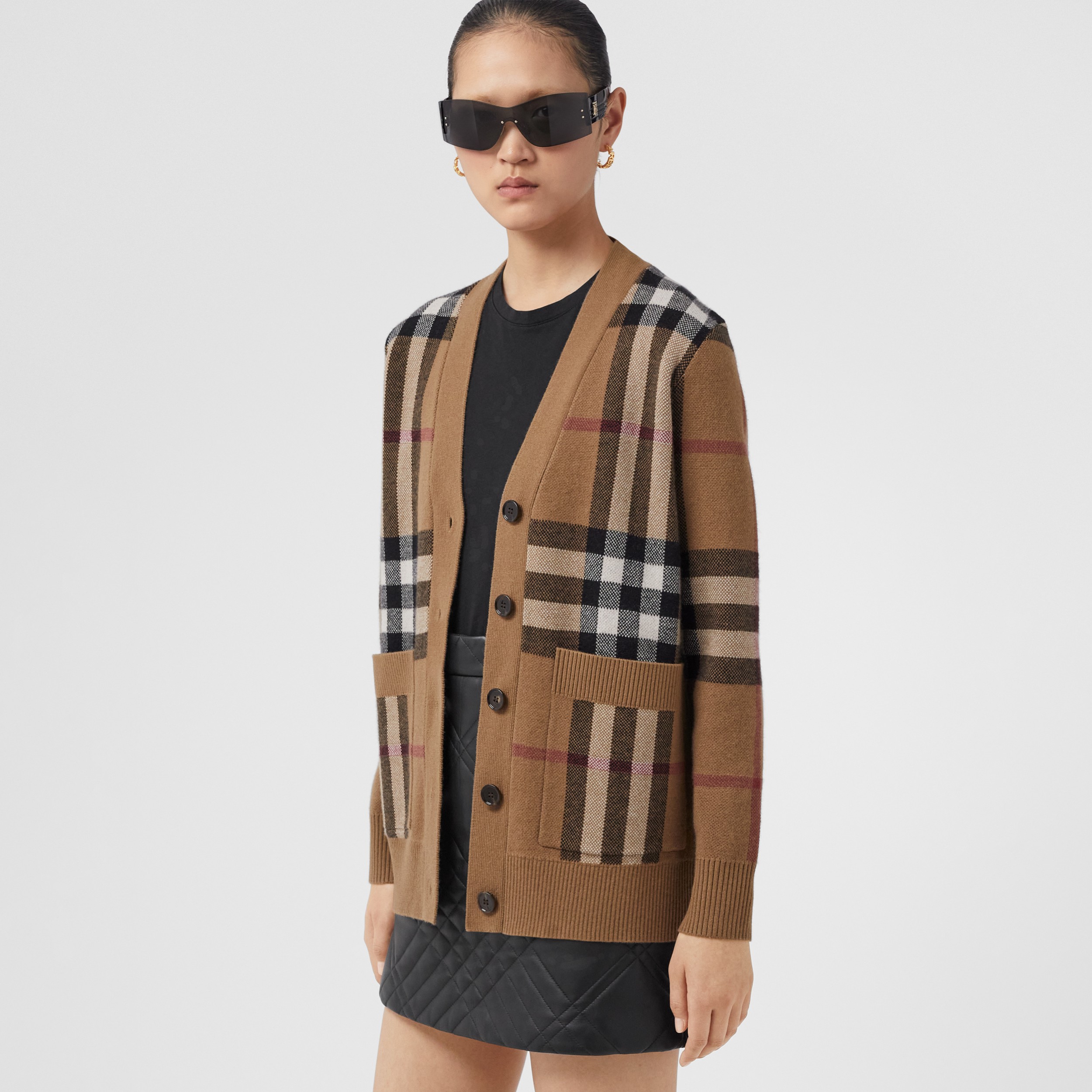 Check Wool Cashmere Jacquard Cardigan in Birch Brown - Women | Burberry® Official - 4