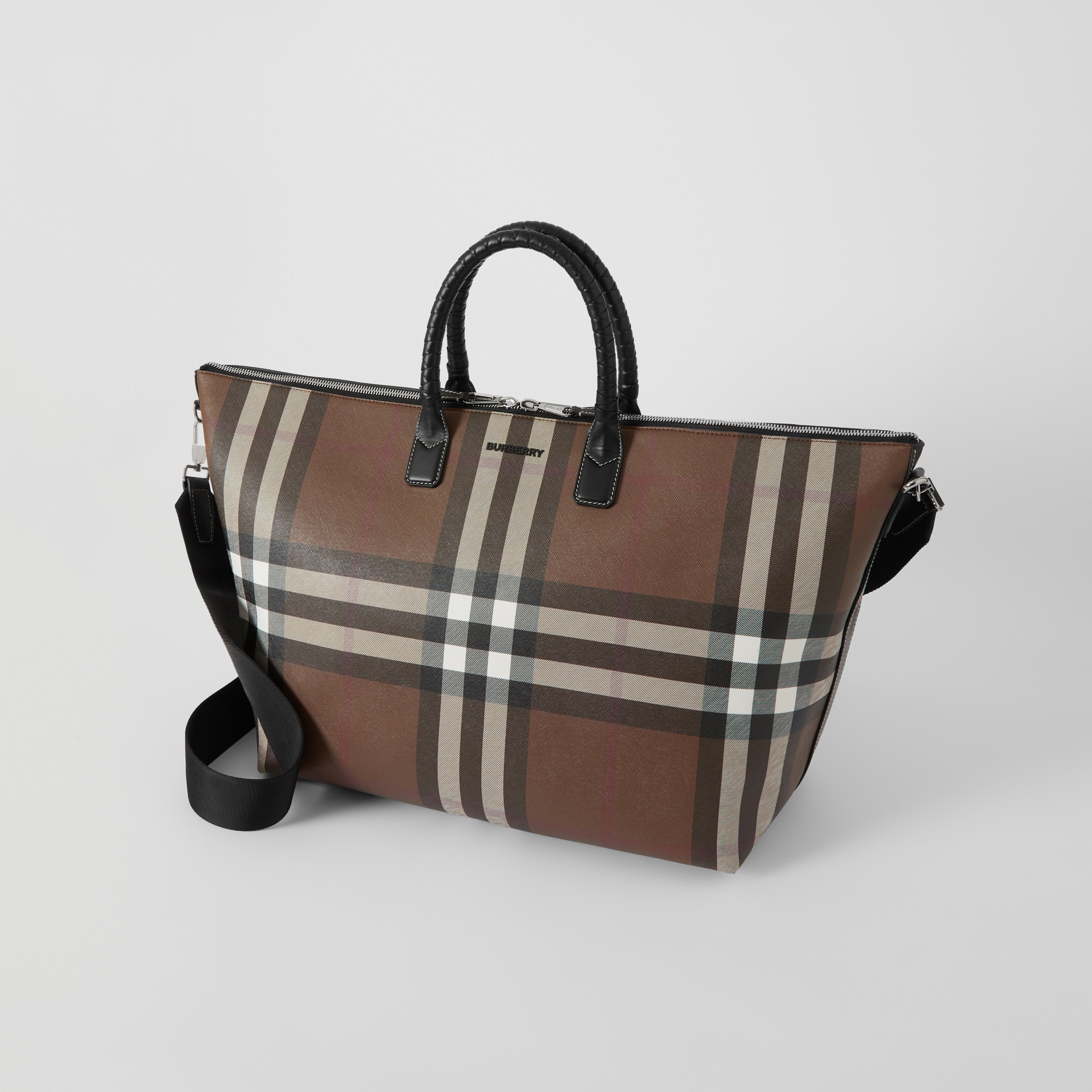 Check and Leather Holdall in Dark Birch Brown - Men | Burberry® Official - 4