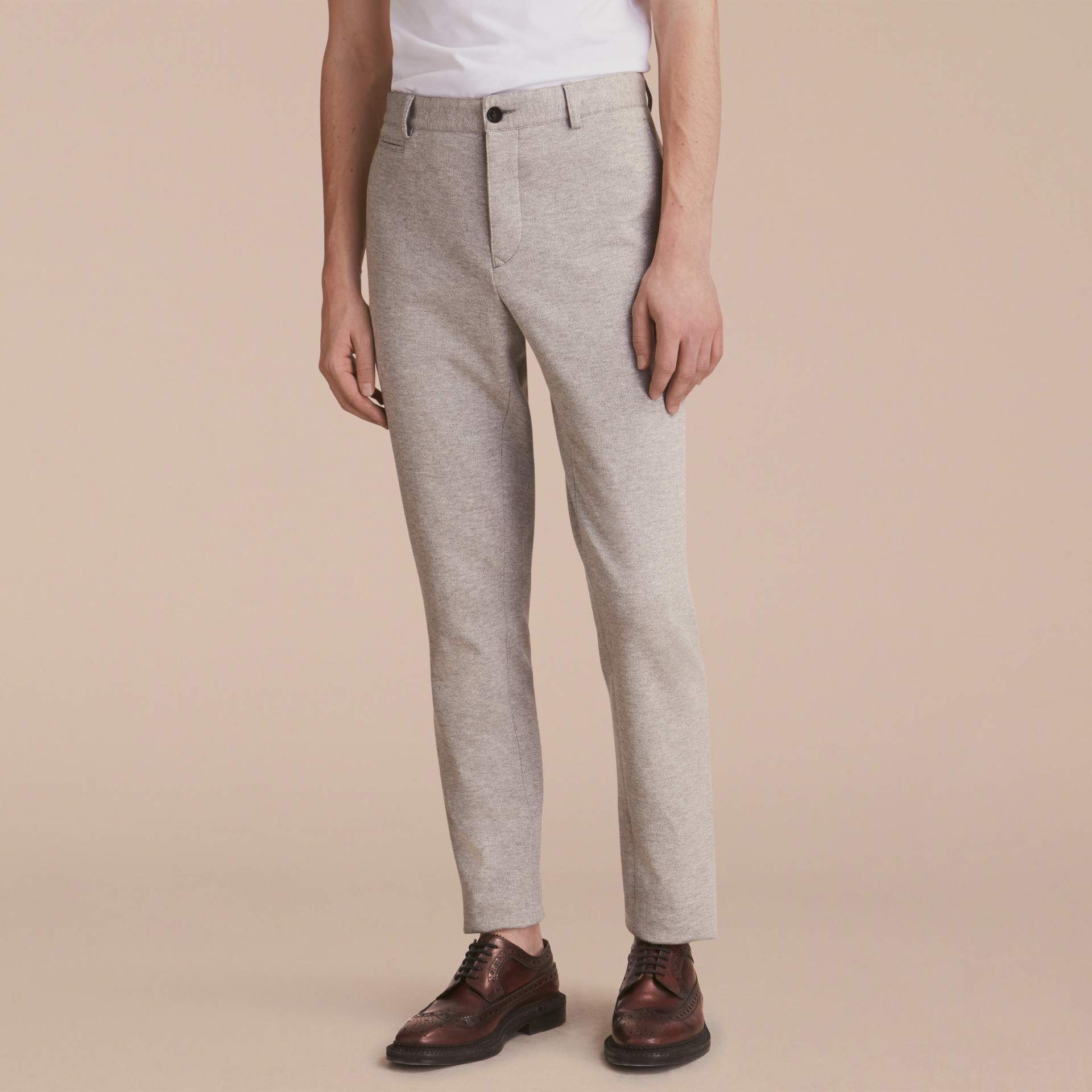 Slim Fit Herringbone Cotton Blend Jersey Trousers in Pale Grey Melange - Men | Burberry United 