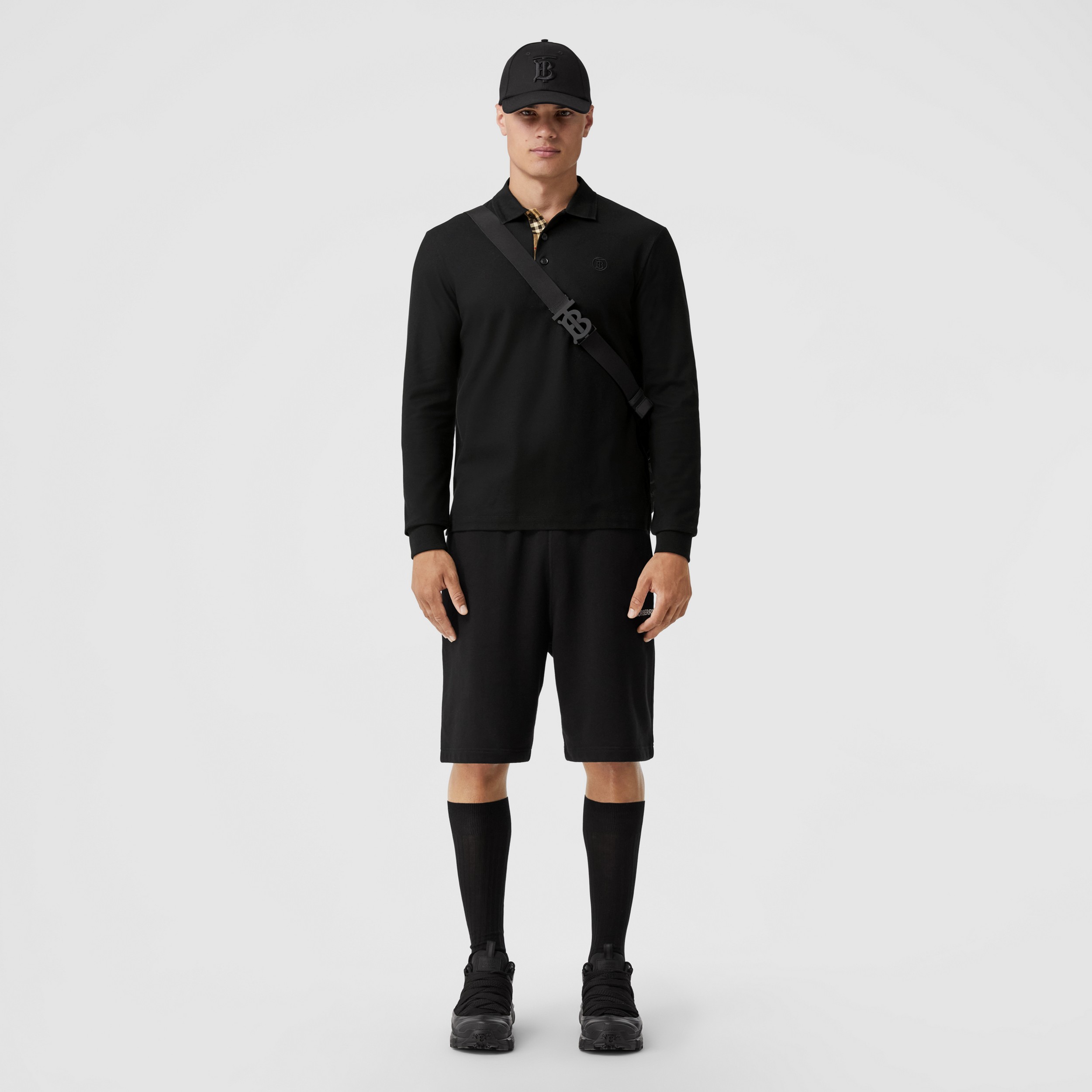 Long-sleeve Monogram Motif Cotton Polo Shirt in Black - Men | Burberry® Official - 1