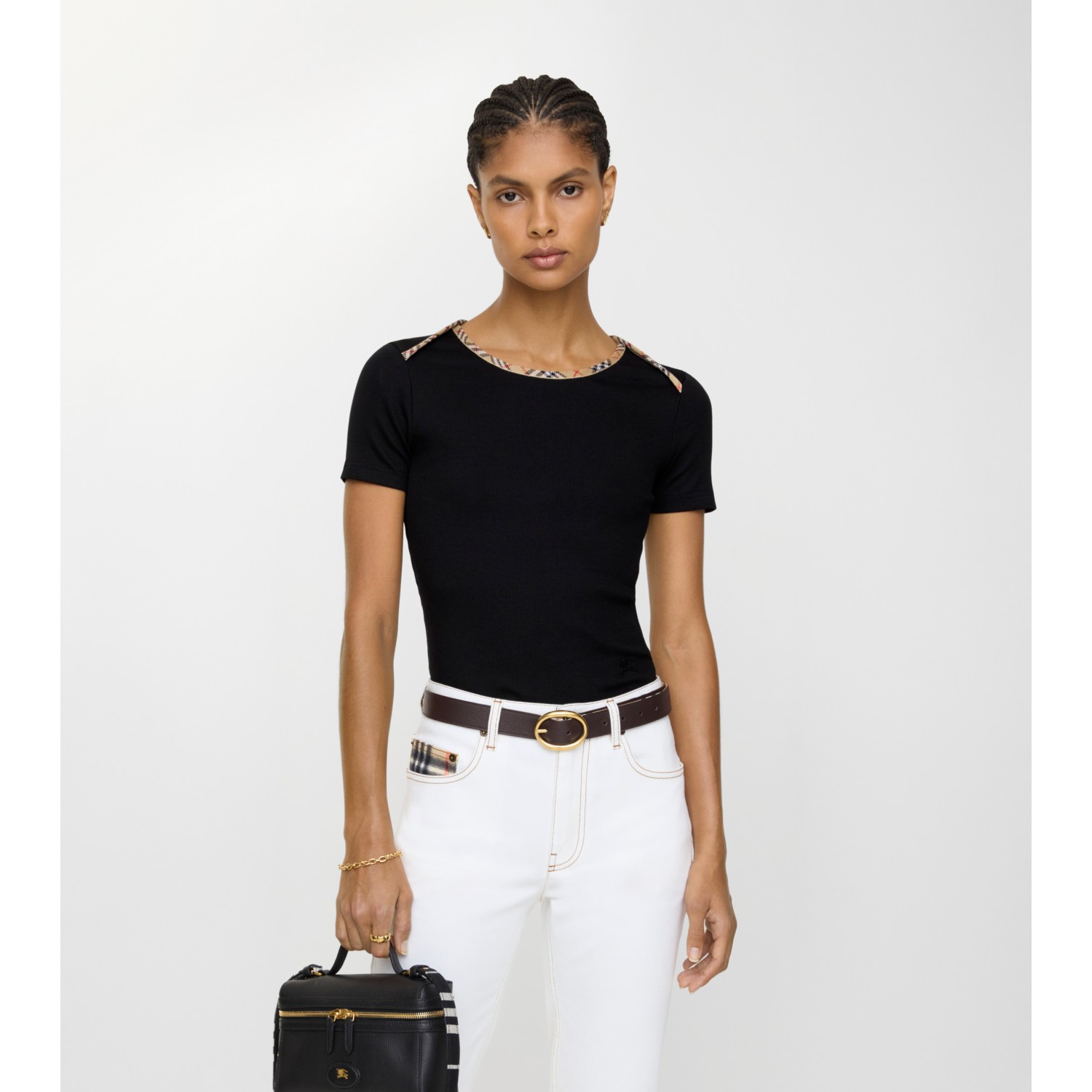Check Trim Stretch Cotton T-shirt - thumbnail 2