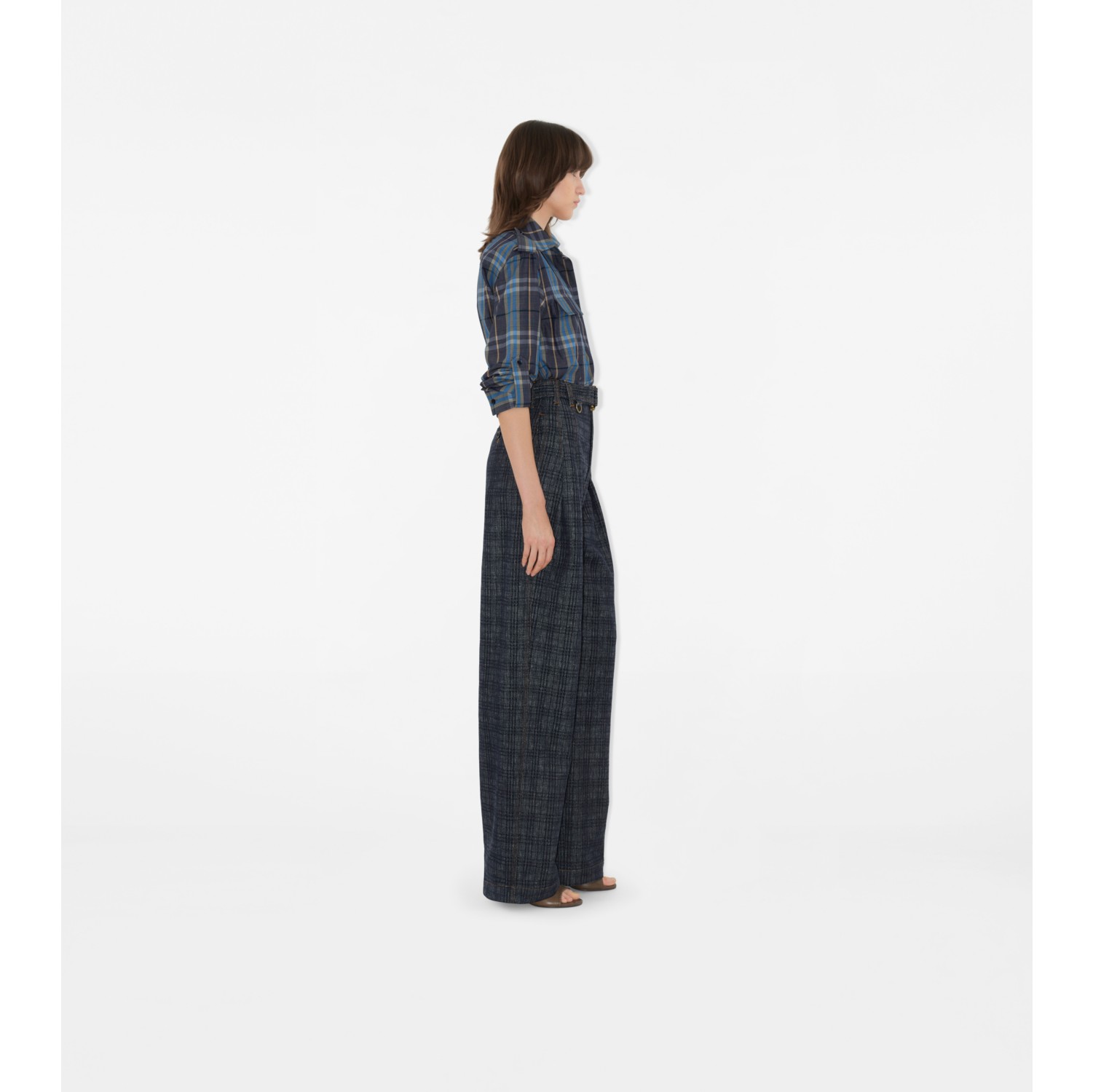 High Rise Wide Check Denim Jeans