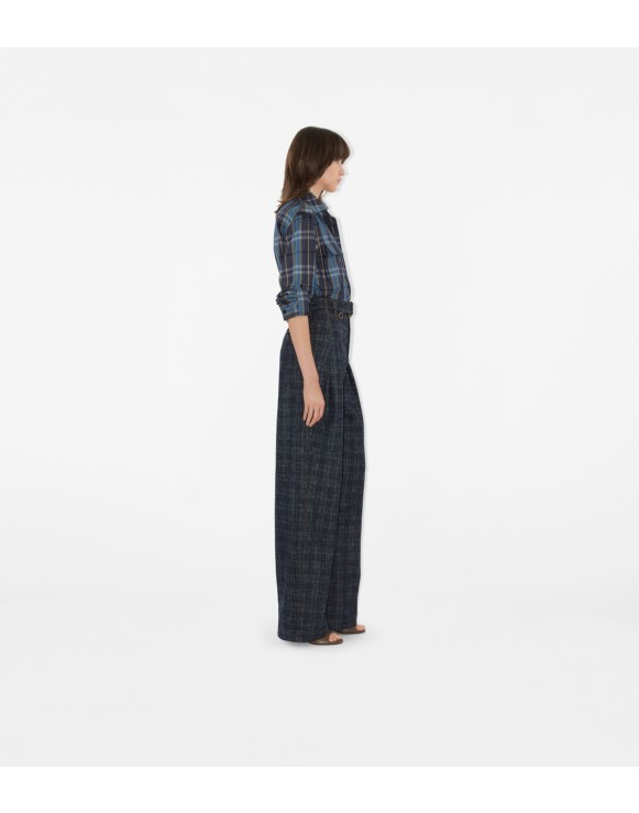 High Rise Wide Check Denim Jeans