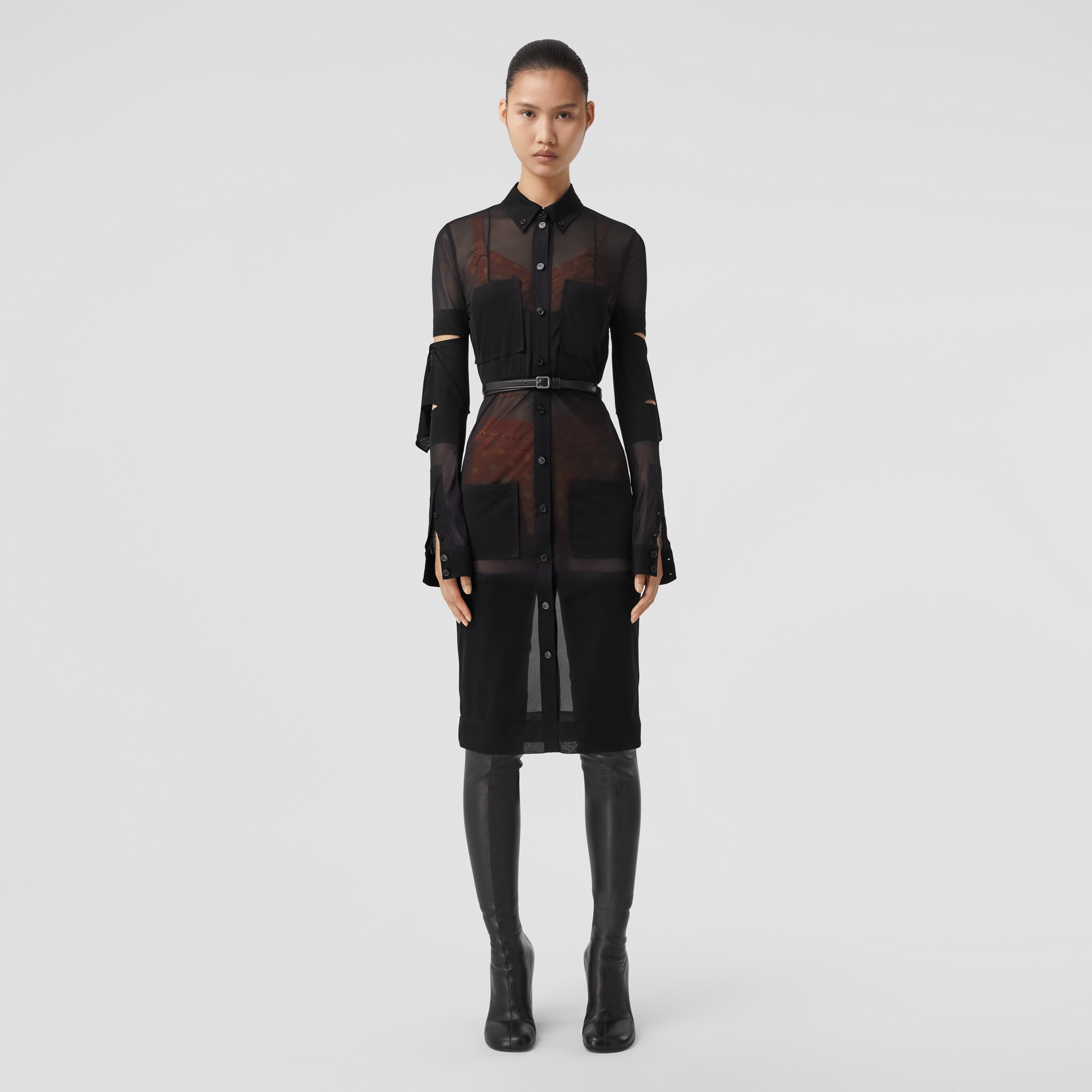 Cut-out Detail Sheer Jersey Shirt Dress in Black - Women | Burberry® Official - 1