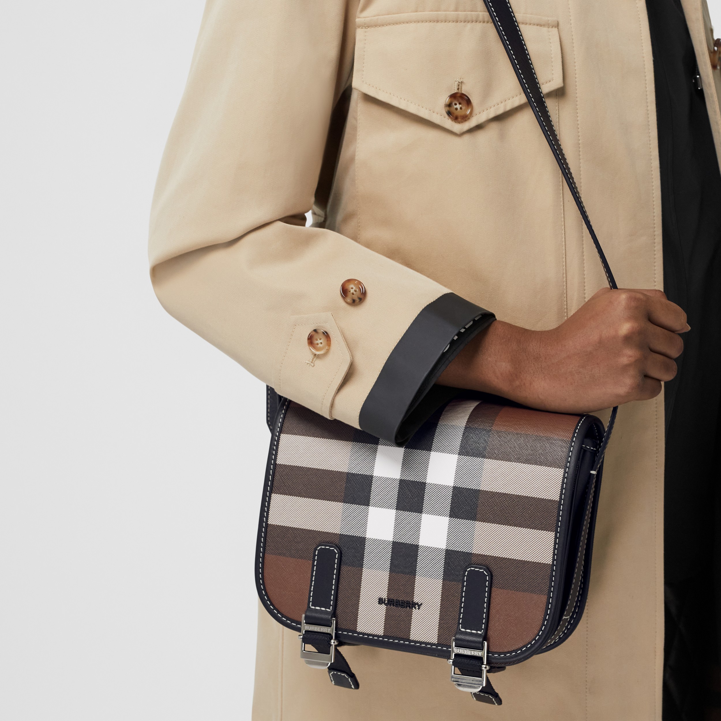 Check Print and Leather Messenger Bag in Dark Birch Brown - Men | Burberry® Official - 3