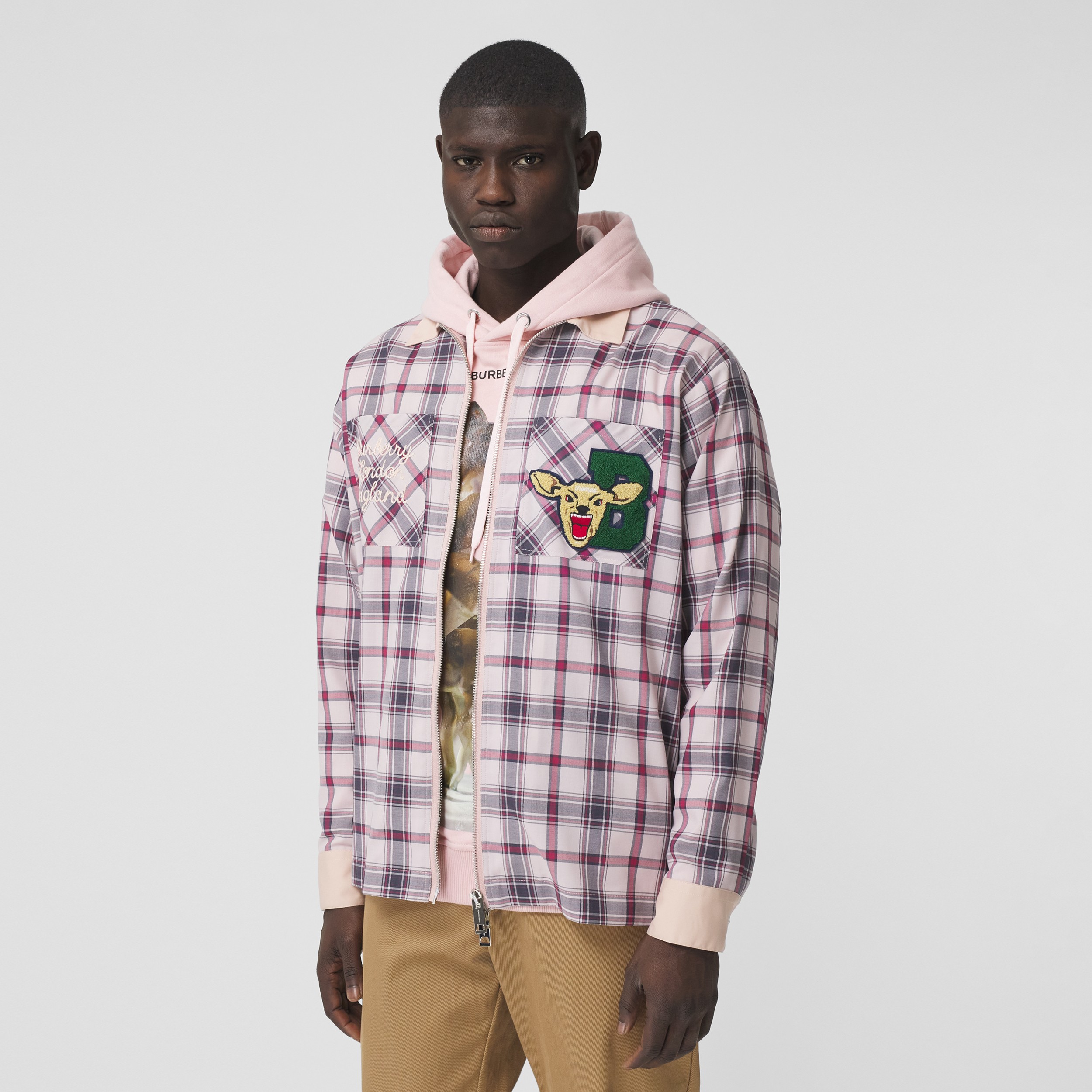 Varsity Graphic Check Technical Cotton Overshirt in Frosted Pink - Men | Burberry United States
