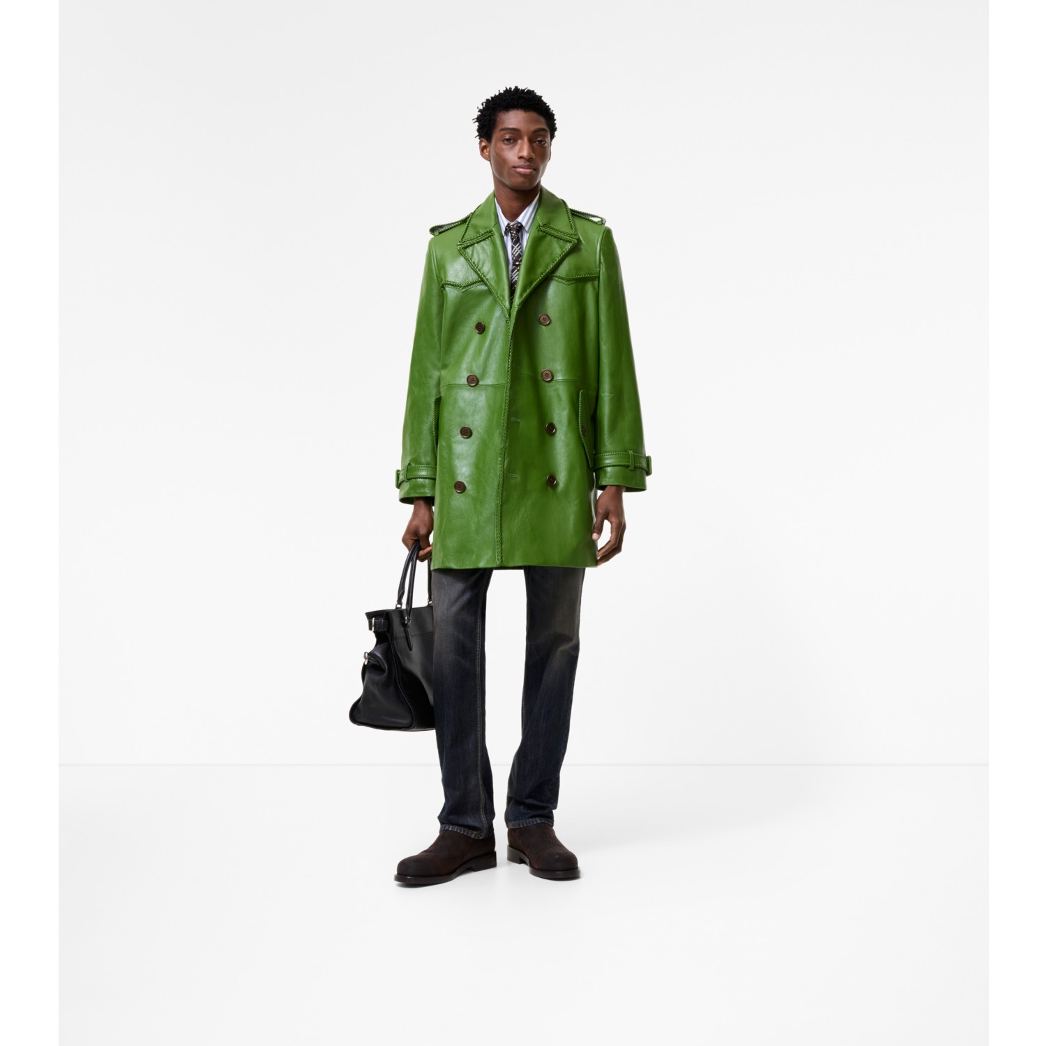 Mid-length Leather Leverton Trench Coat in Samphire green - Men