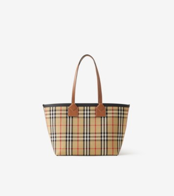 Burberry Ashby Small Canvas Check & Leather Bucket Bag in Natural