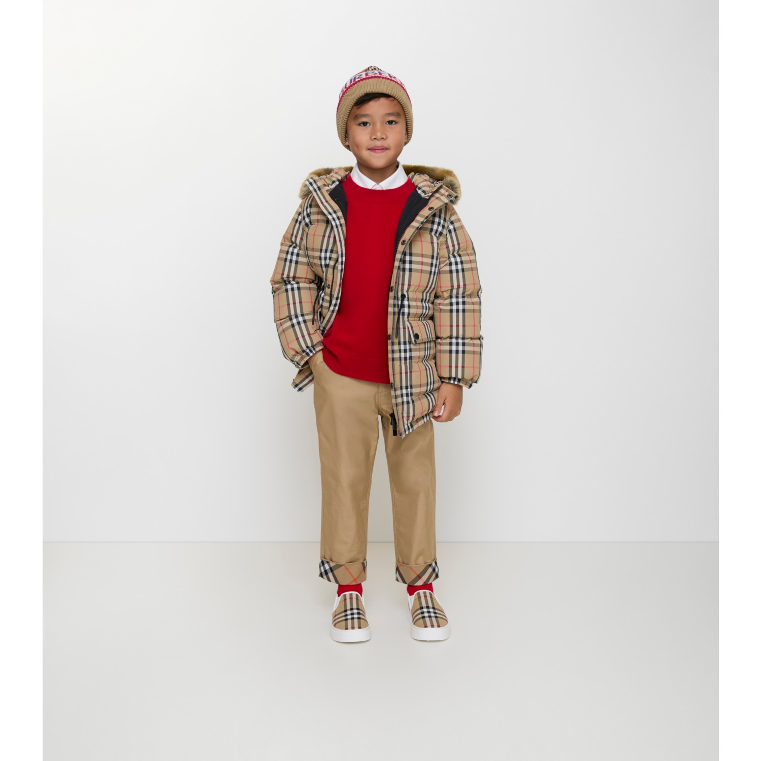 Faux Fur Trim Check Nylon Puffer Coat
