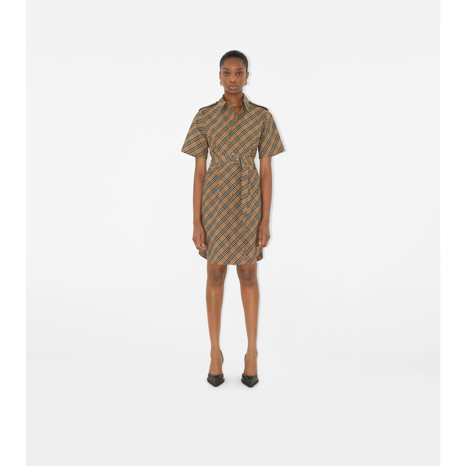 Check Cotton Shirt Dress in Sand Women Burberry Official