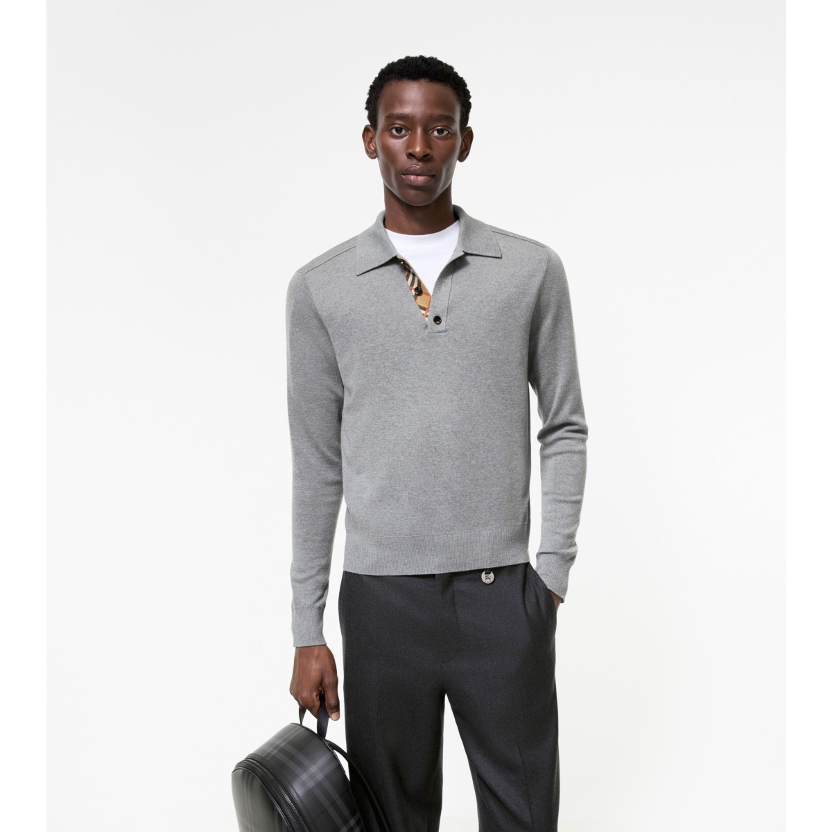  Check Long-sleeve Wool Polo Shirt