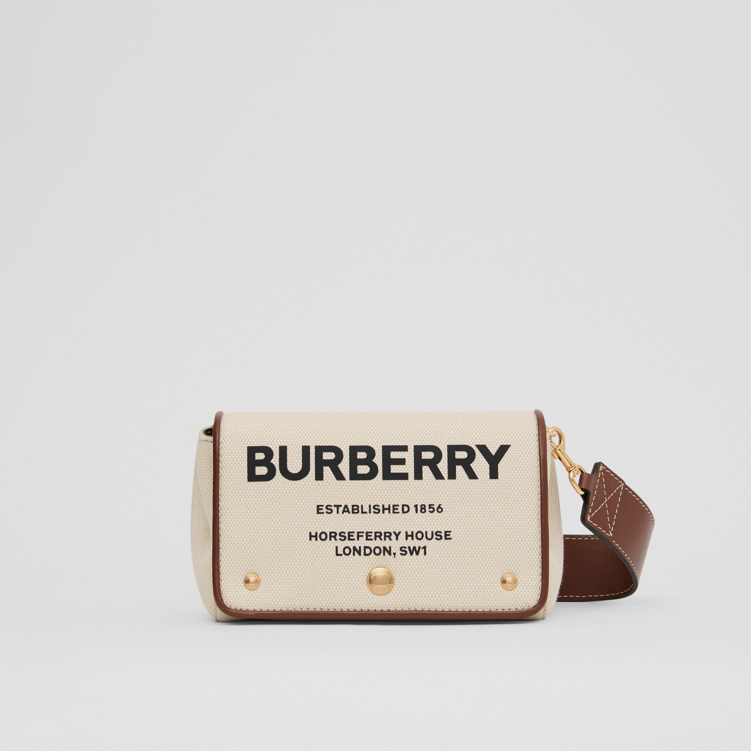 Bolsa transversal de lona e algodão com estampa Horseferry - Pequena (Natural/canela) - Mulheres | Burberry® oficial - 1