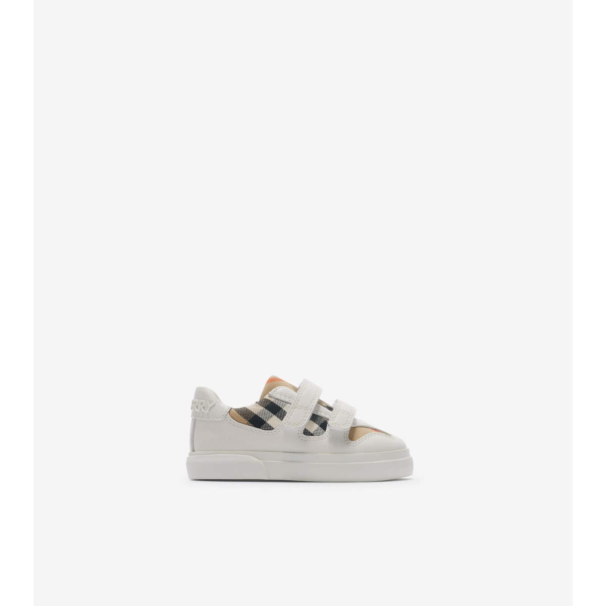 Shop Burberry Childrens Check Cotton And Leather Sneakers In Sand