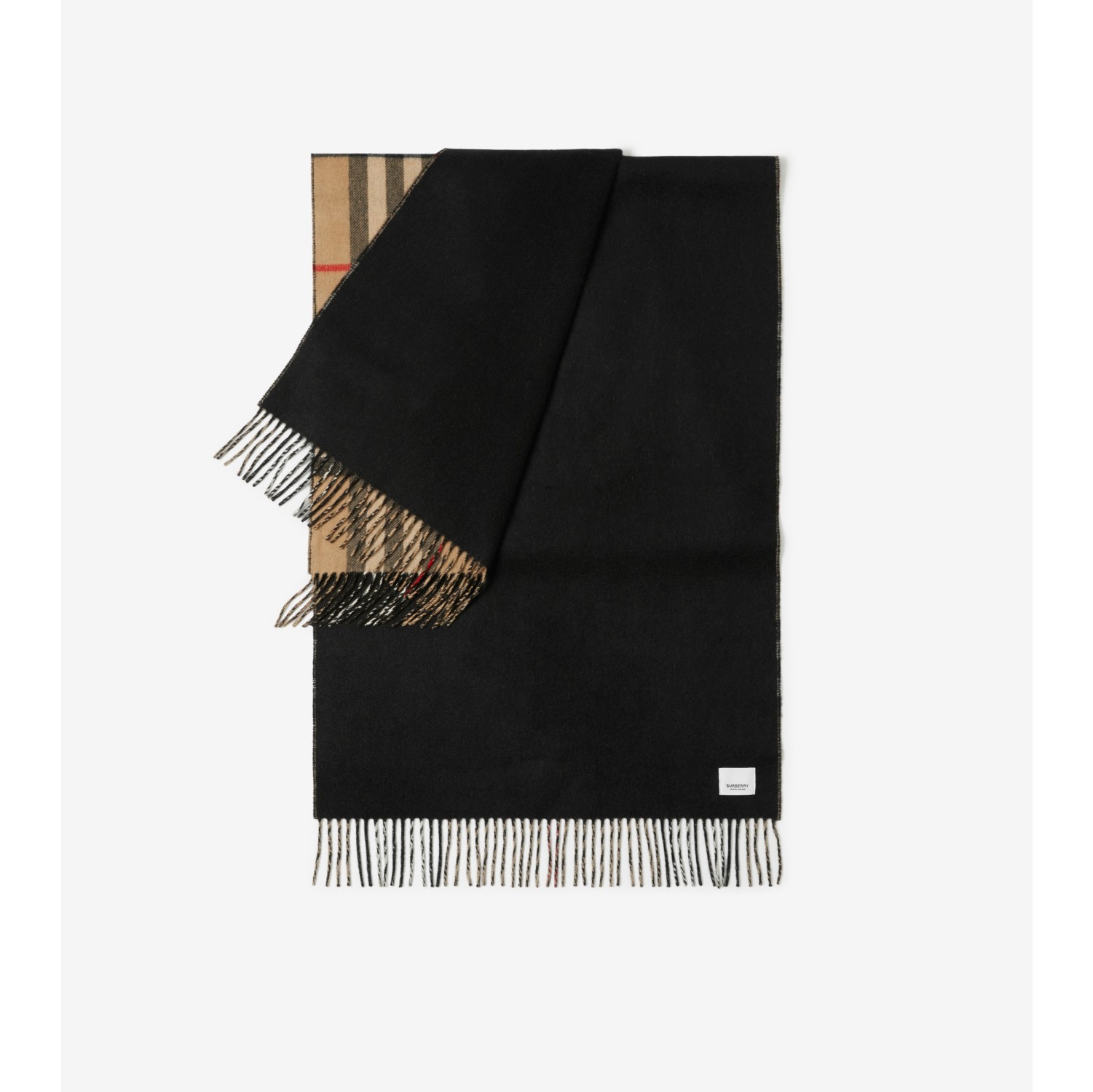 Burberry Black Saddle Stripe To Check Cashmere Fringed Scarf Burberry