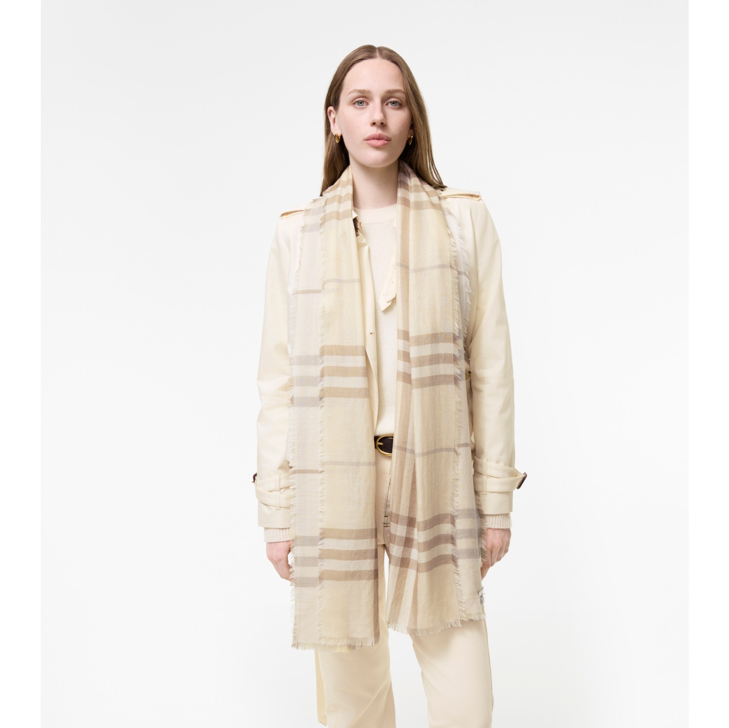 Wide Reversible Check Wool Silk Scarf in Sesame beige | Burberry® Official