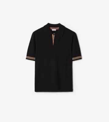 Icon Stripe Trim Wool Polo Shirt in Black - Men | Burberry® Official