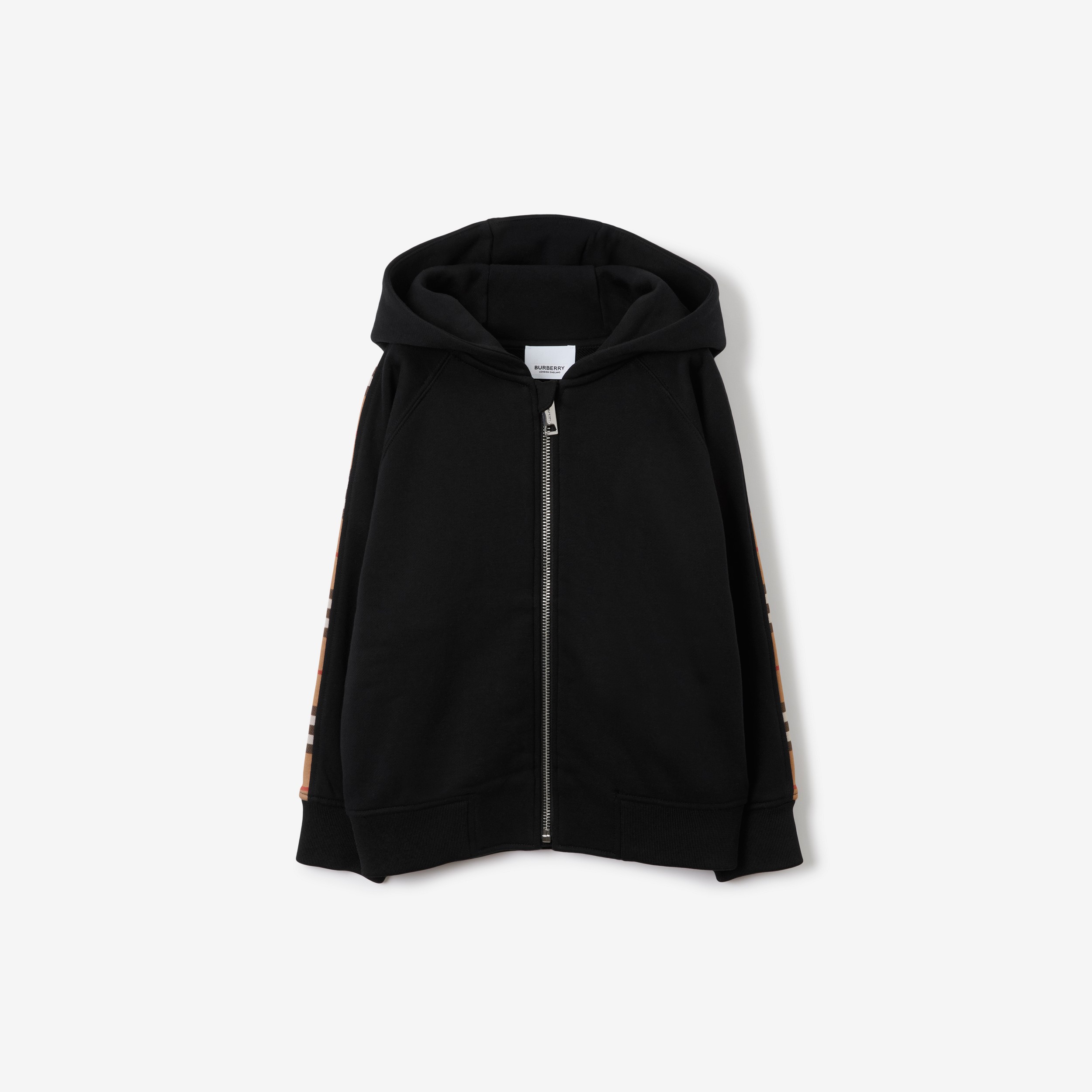 Check Panel Cotton Zip Hoodie in Black | Burberry® Official - 1