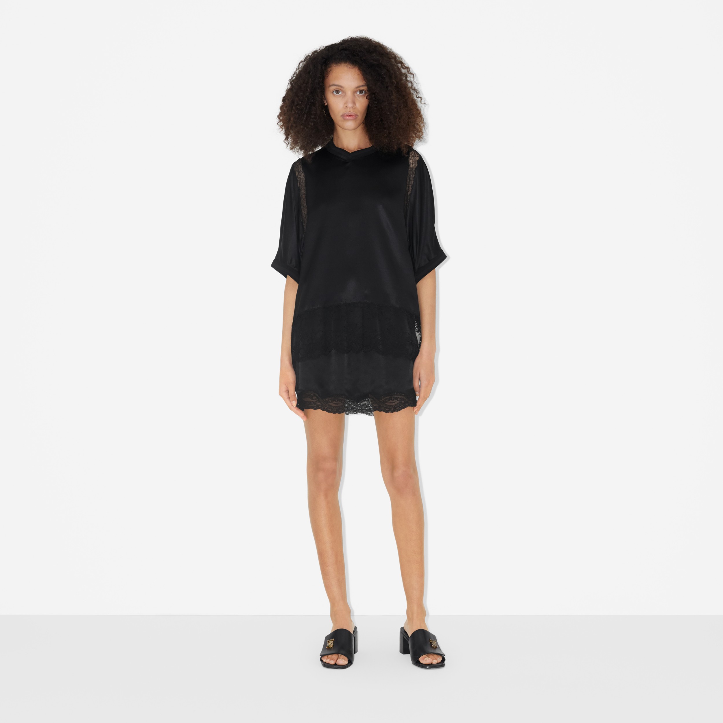Short-sleeve Lace Panel Silk Satin Top in Black - Women | Burberry® Official - 2