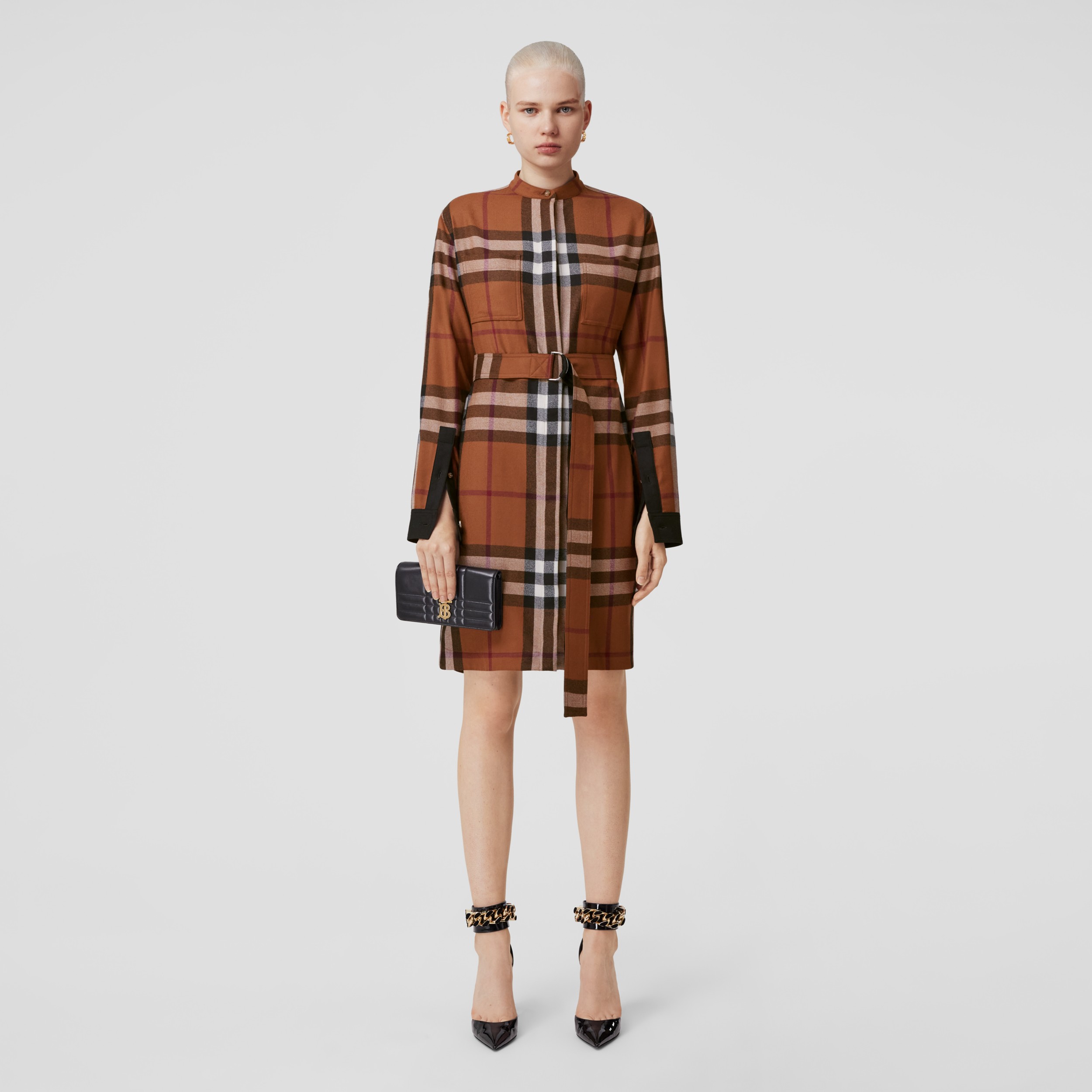 Exaggerated Check Wool Belted Shirt Dress in Dark Birch Brown - Women |  Burberry® Official