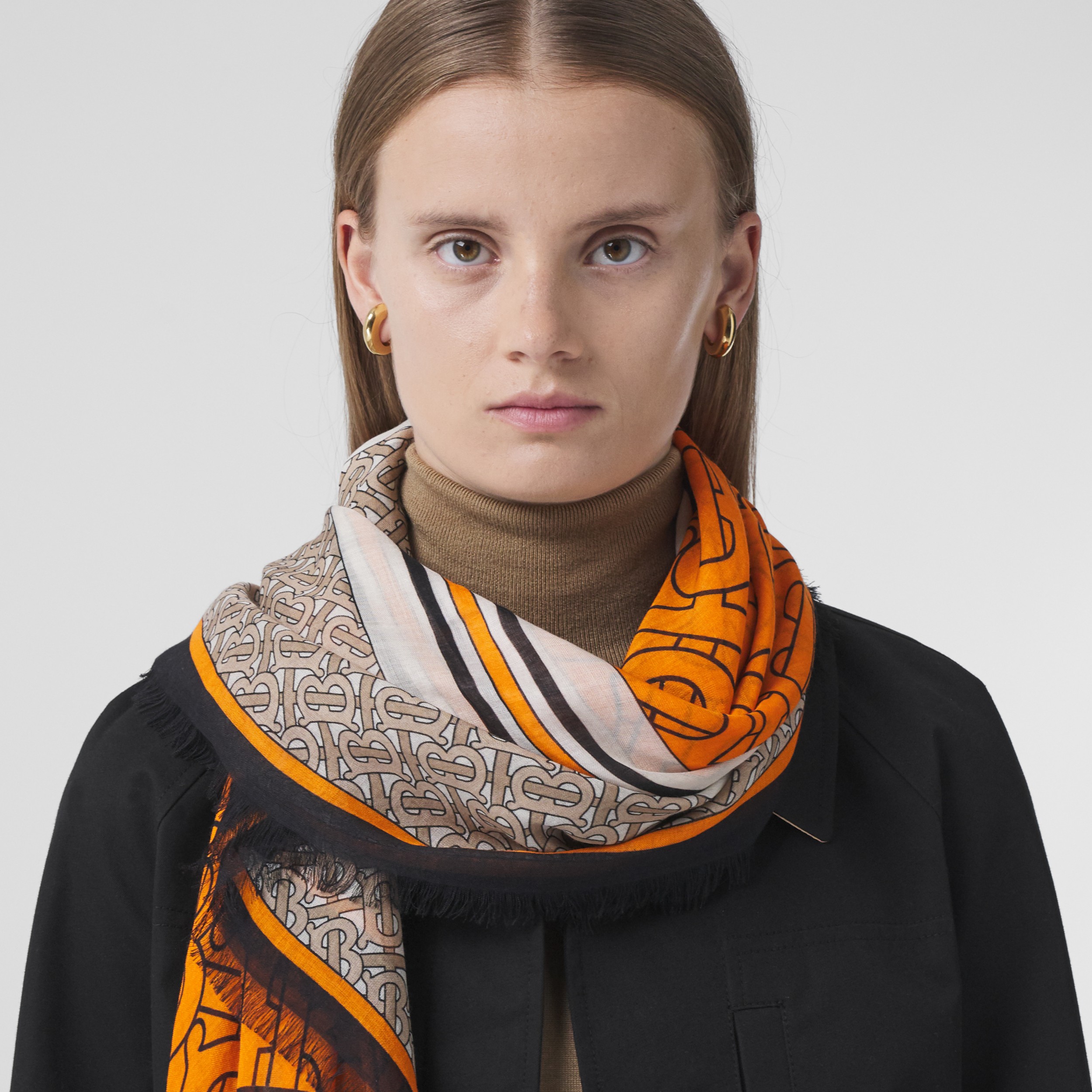 Montage Print Wool Silk Large Square Scarf in Bright Orange | Burberry ...