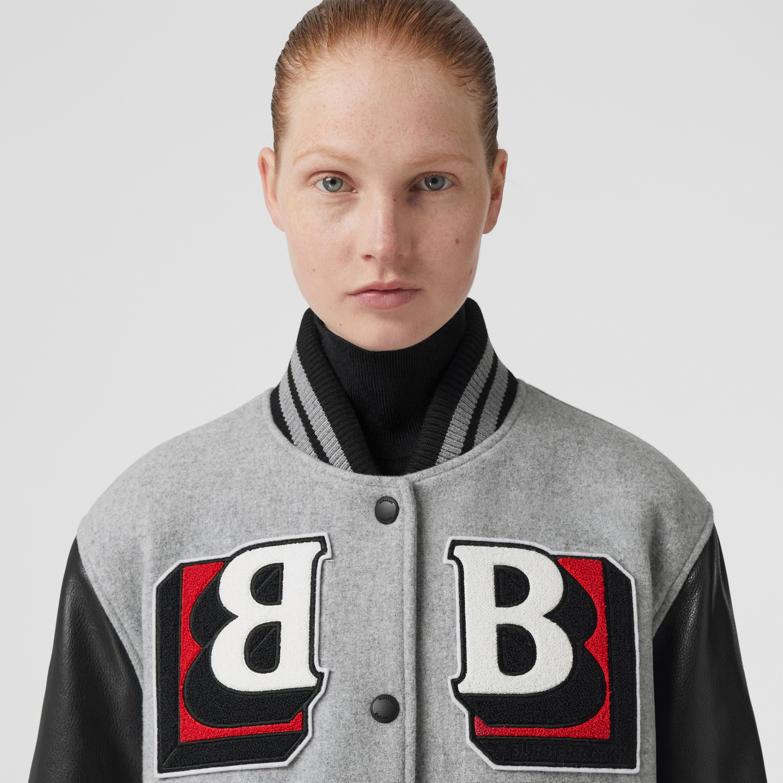 Letter Graphic Technical Wool and Leather Bomber Jacket in Ash Grey Melange - Women | Burberry® Official - 2