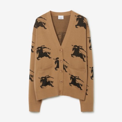 Burberry Brittany Jacquard Logo Knit Cardigan In Camel/black