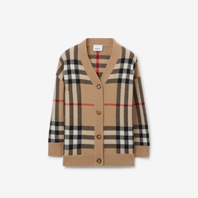 Shop Burberry Childrens Check Wool Cashmere Cardigan In Archive Beige