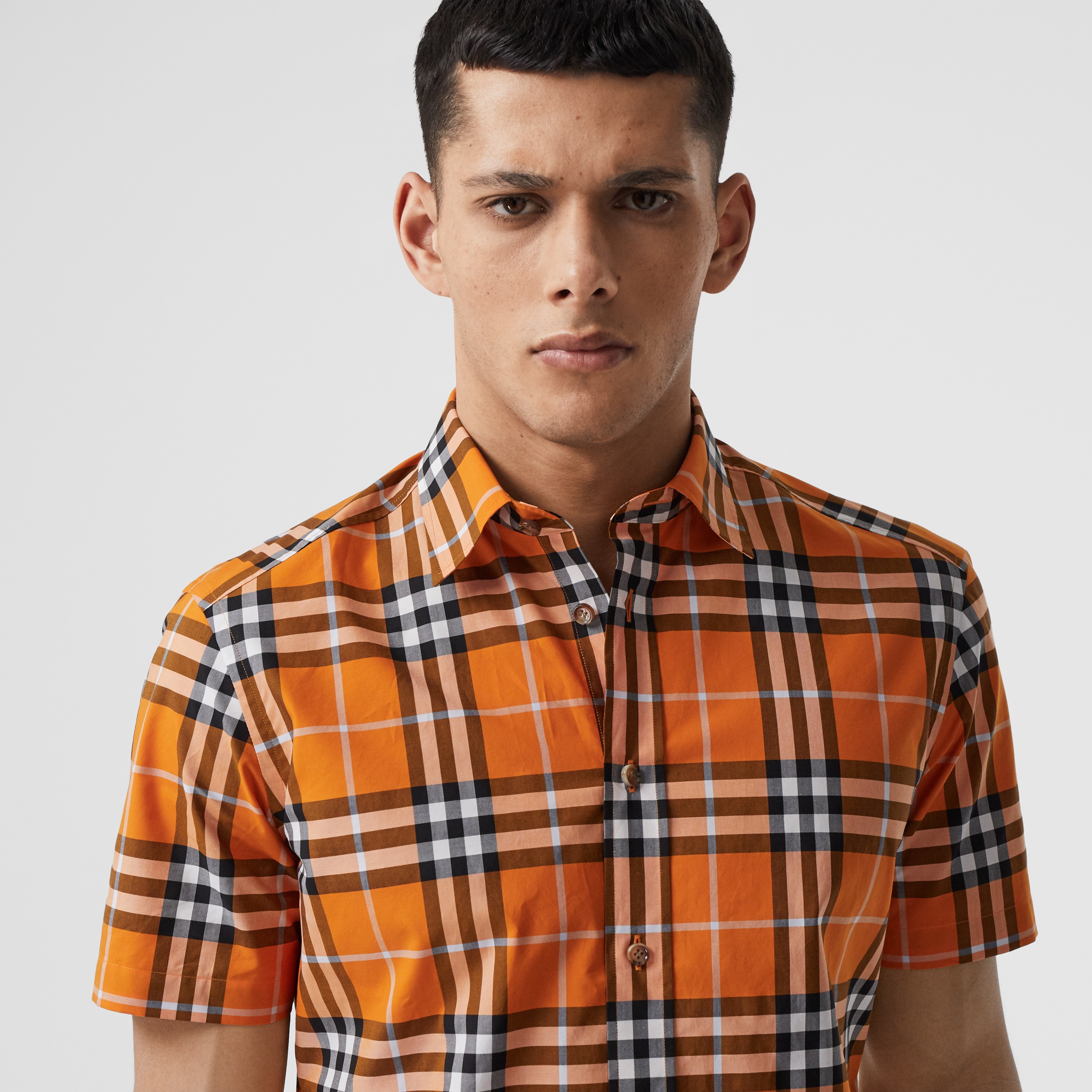 Short-sleeve Check Cotton Poplin Shirt in Deep Orange - Men | Burberry ...