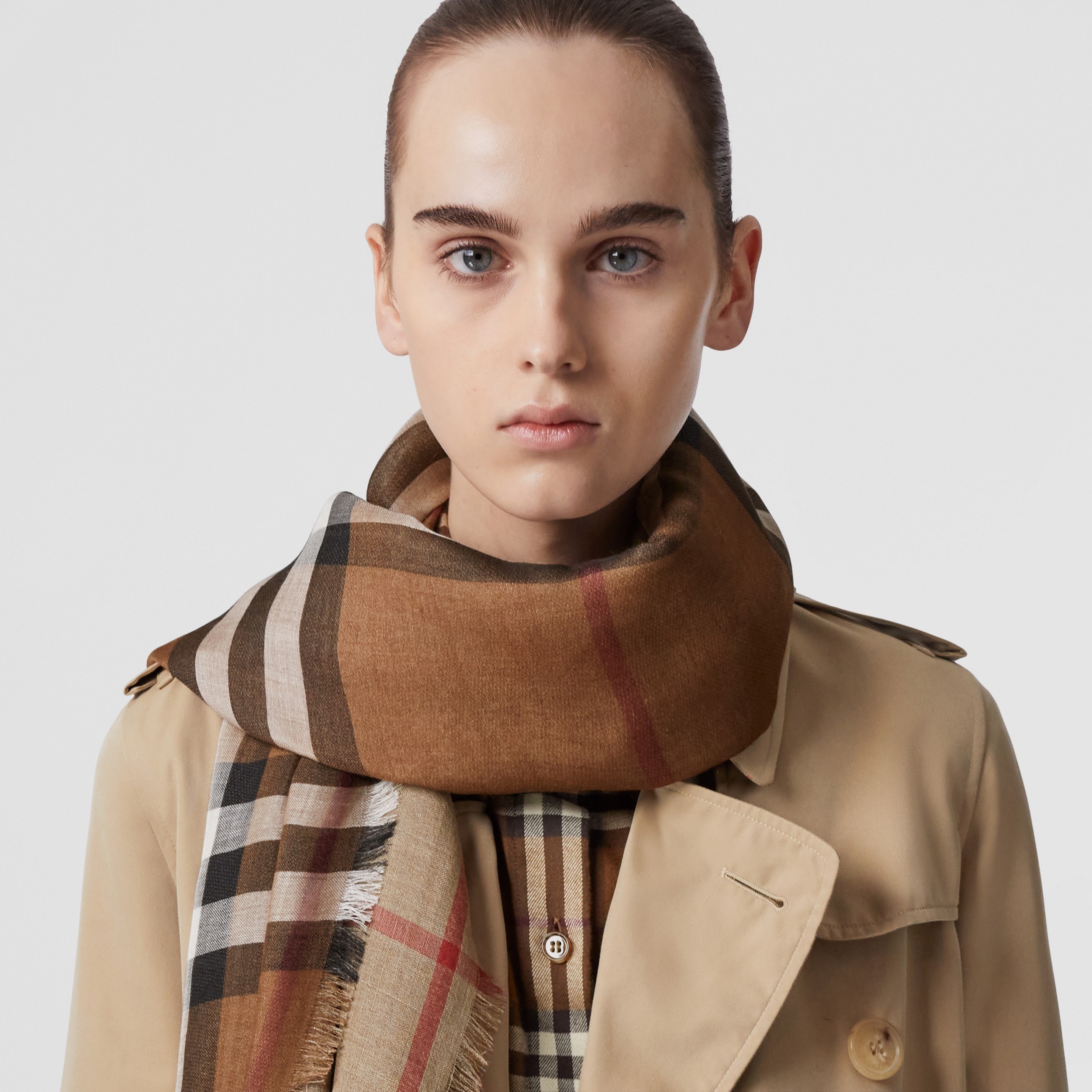 Check Lightweight Wool Silk Scarf in Archive Beige | Burberry® Official - 3