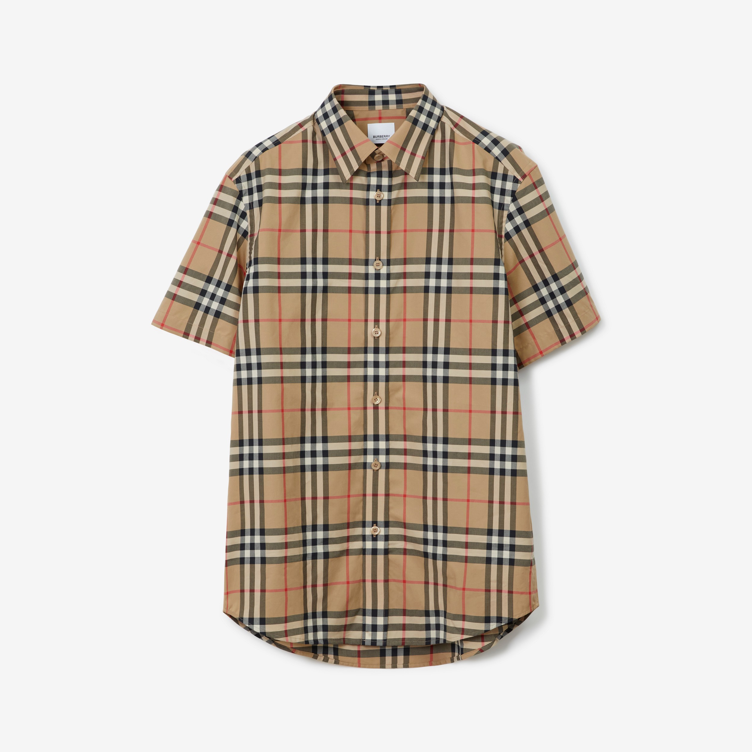 Camisa de popeline de algodão Check com mangas curtas (Bege Clássico) - Homens | Burberry® oficial - 1