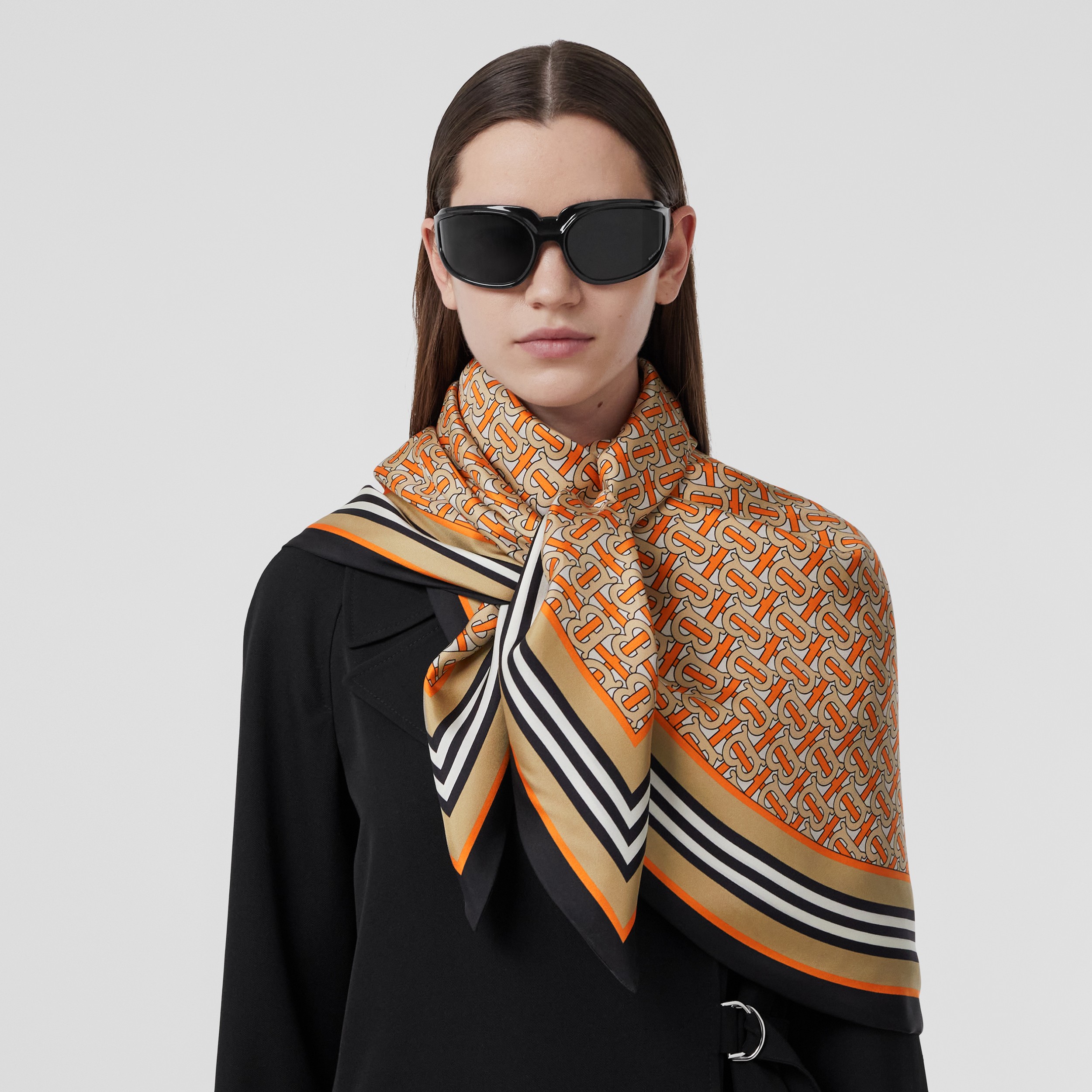 Reversible Check and Monogram Print Silk Scarf in Archive Beige 