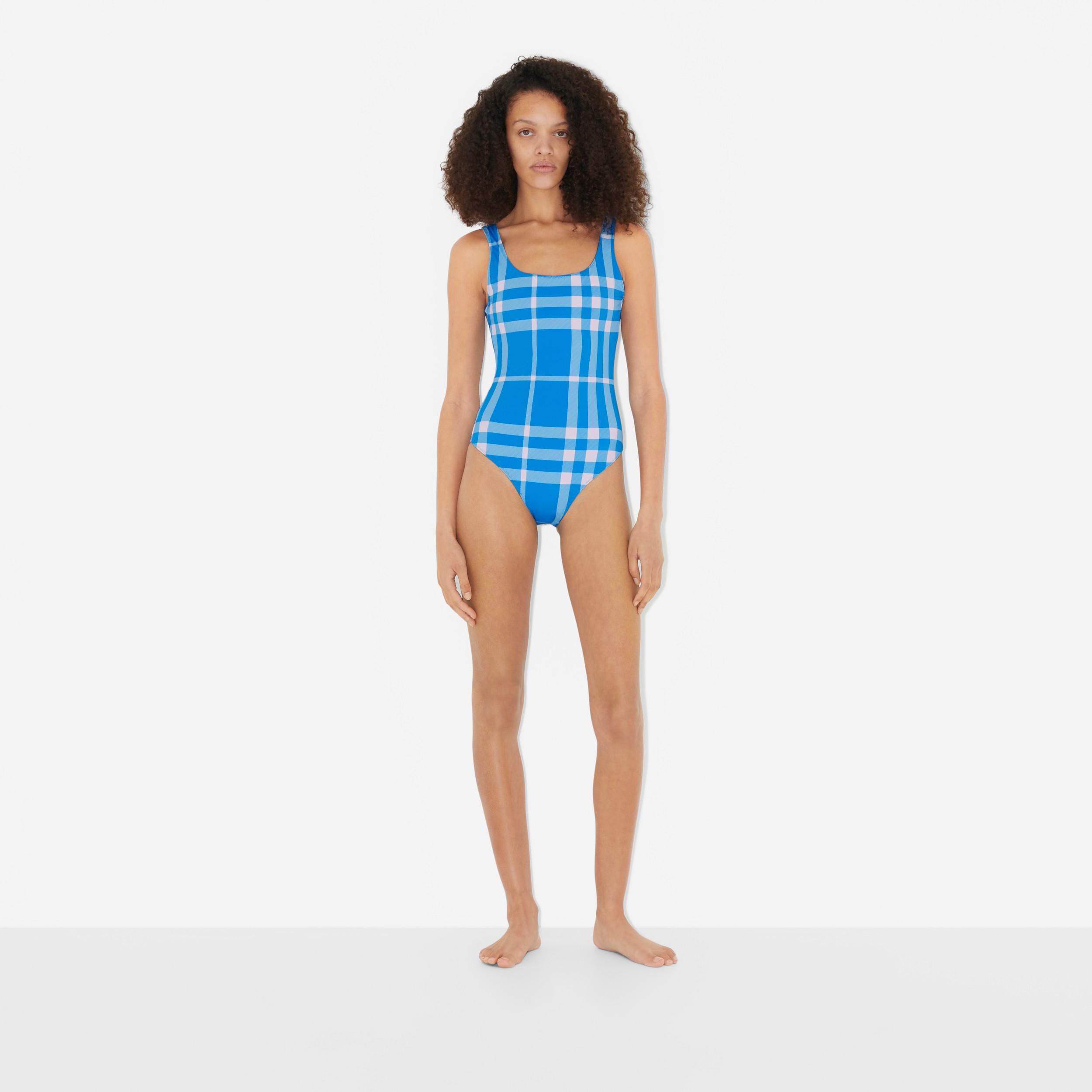 Check Stretch Nylon Swimsuit in Vivid Blue - Women | Burberry® Official