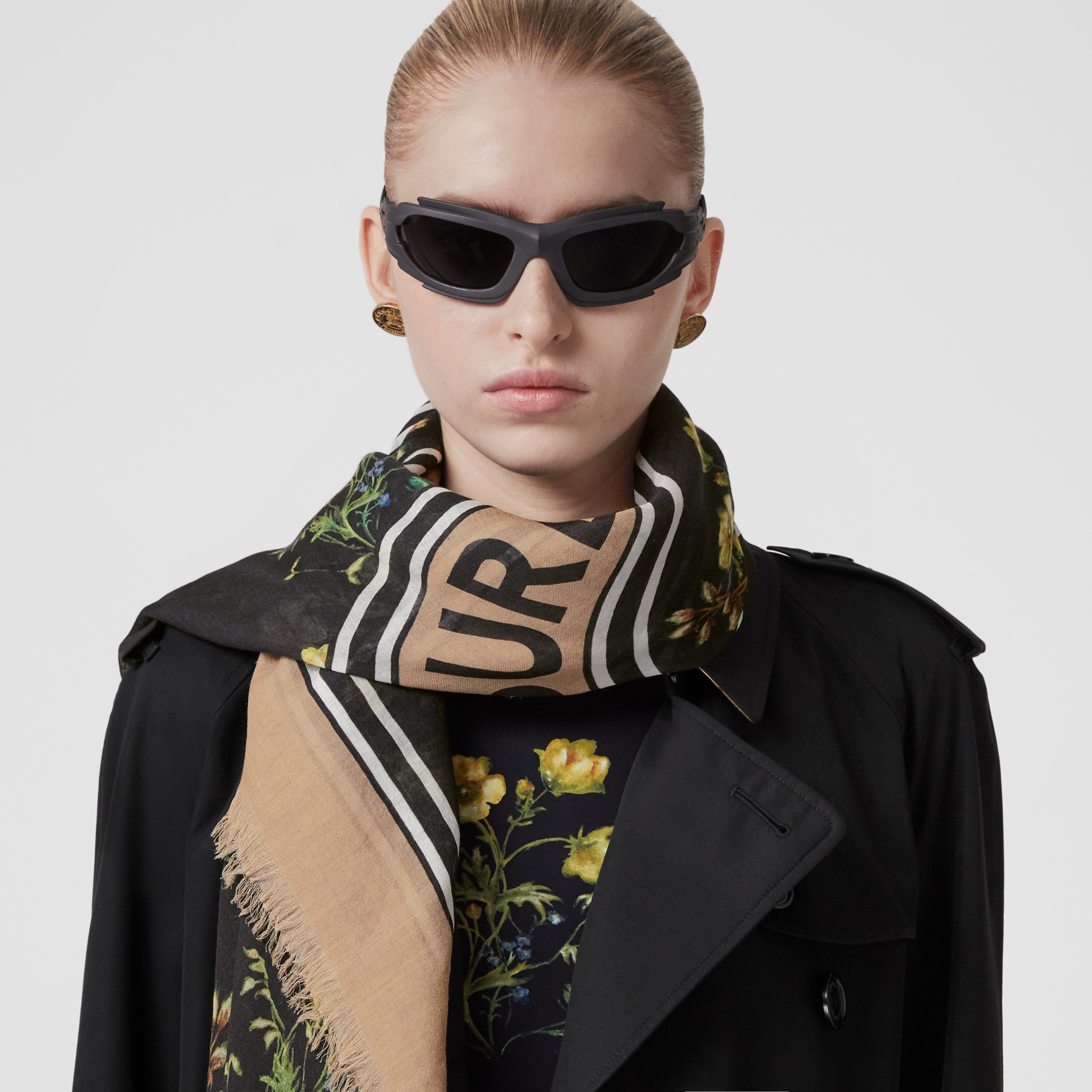 Montage Print Wool Silk Square Scarf in Black | Burberry® Official