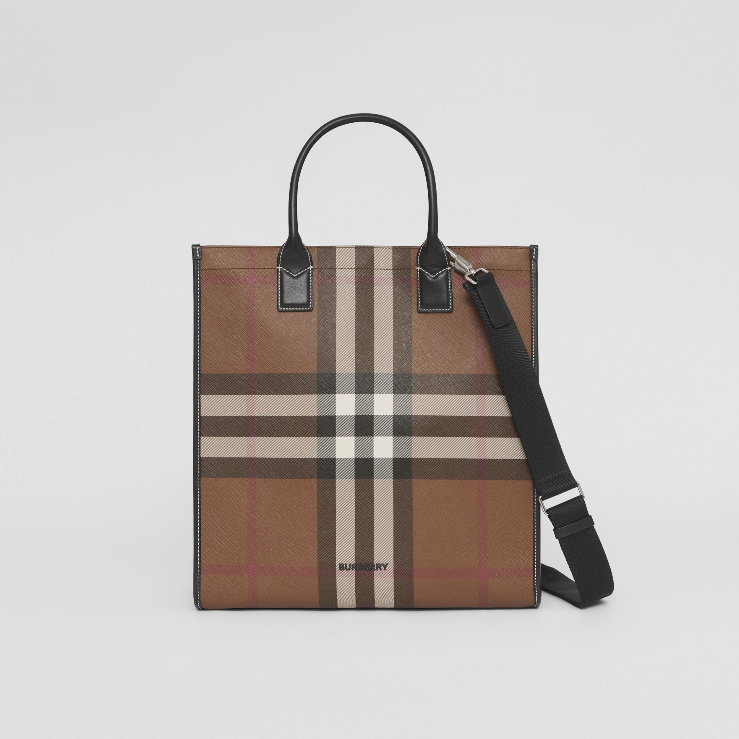 Check and Leather Tote in Dark Birch Brown - Men | Burberry® Official - 1