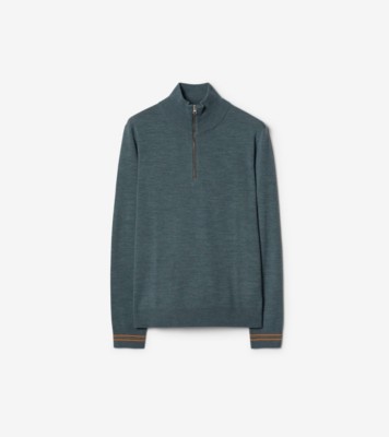 Icon Stripe Trim Wool Half-zip Sweater in Seaspray green melange