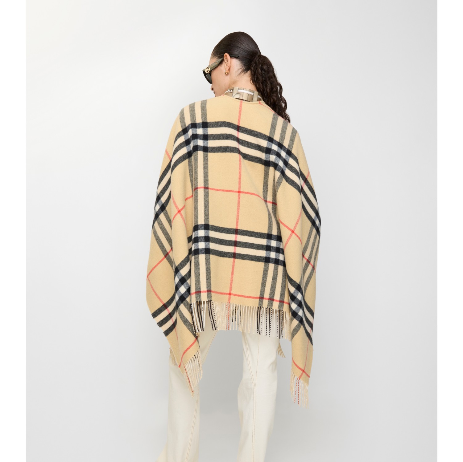 Contrast Check Cashmere Wool Cape