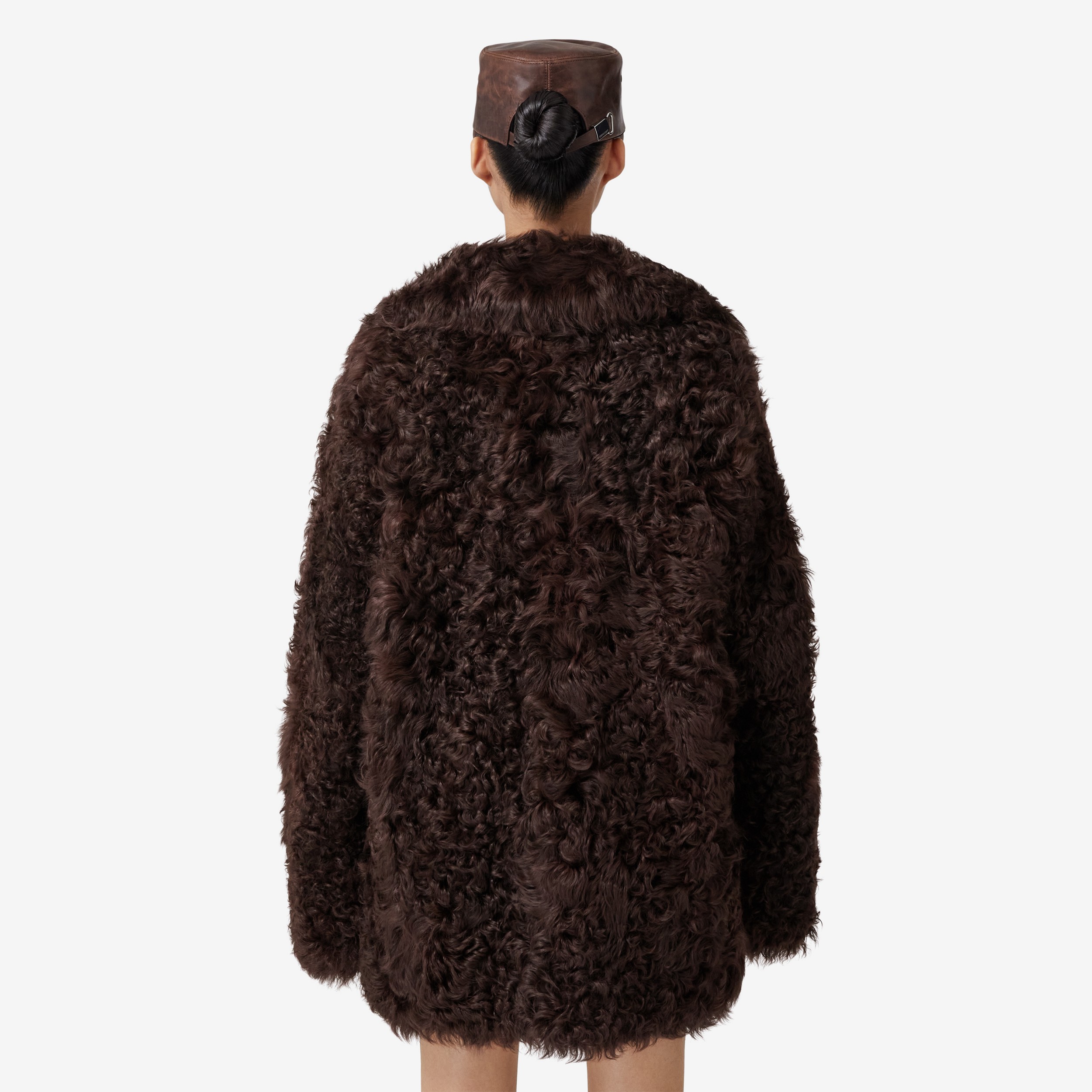 Exaggerated Lapel Shearling Coat in Dark Truffle Brown - Women | Burberry® Official - 3