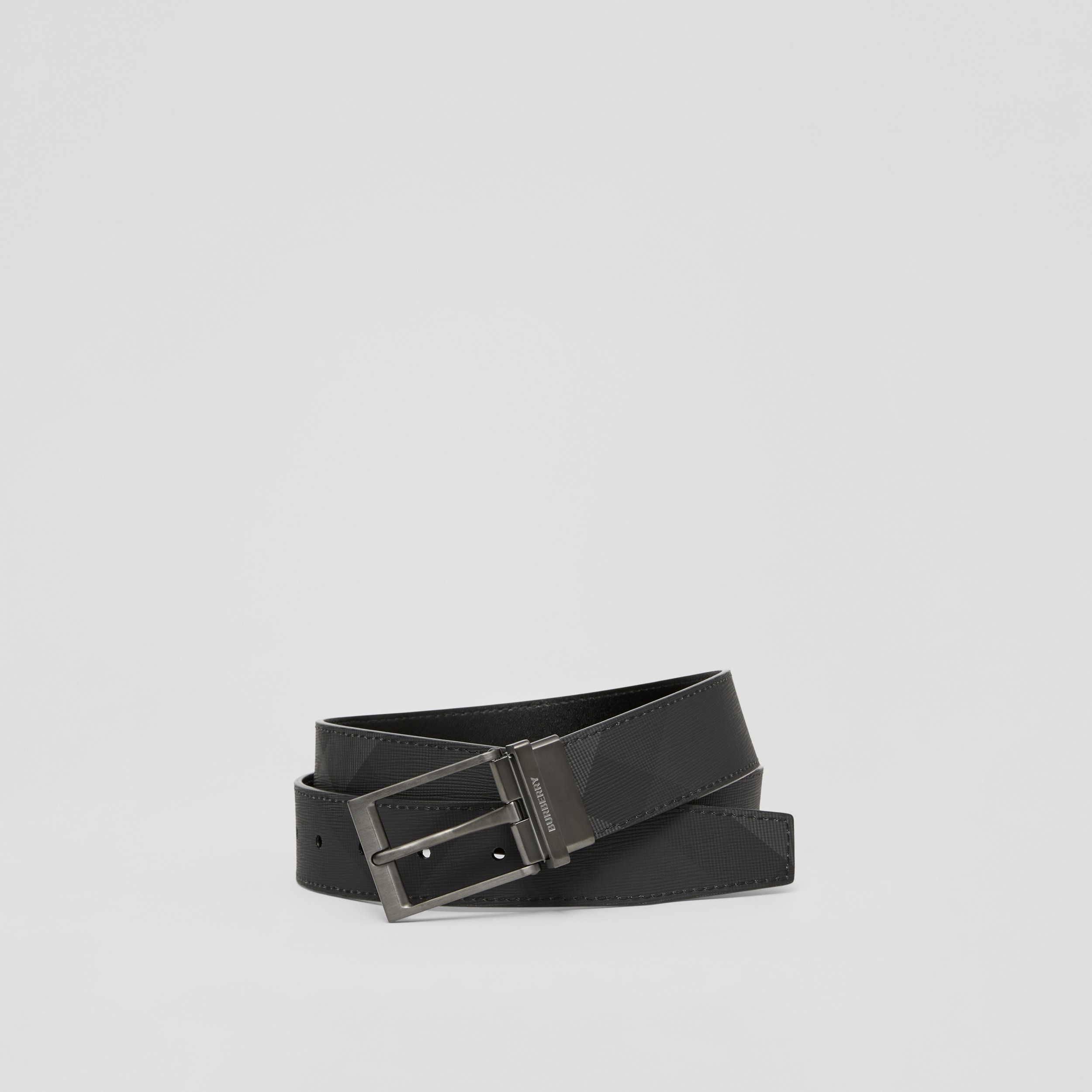 Check and Leather Reversible Belt in Charcoal/graphite - Men | Burberry® Official - 1