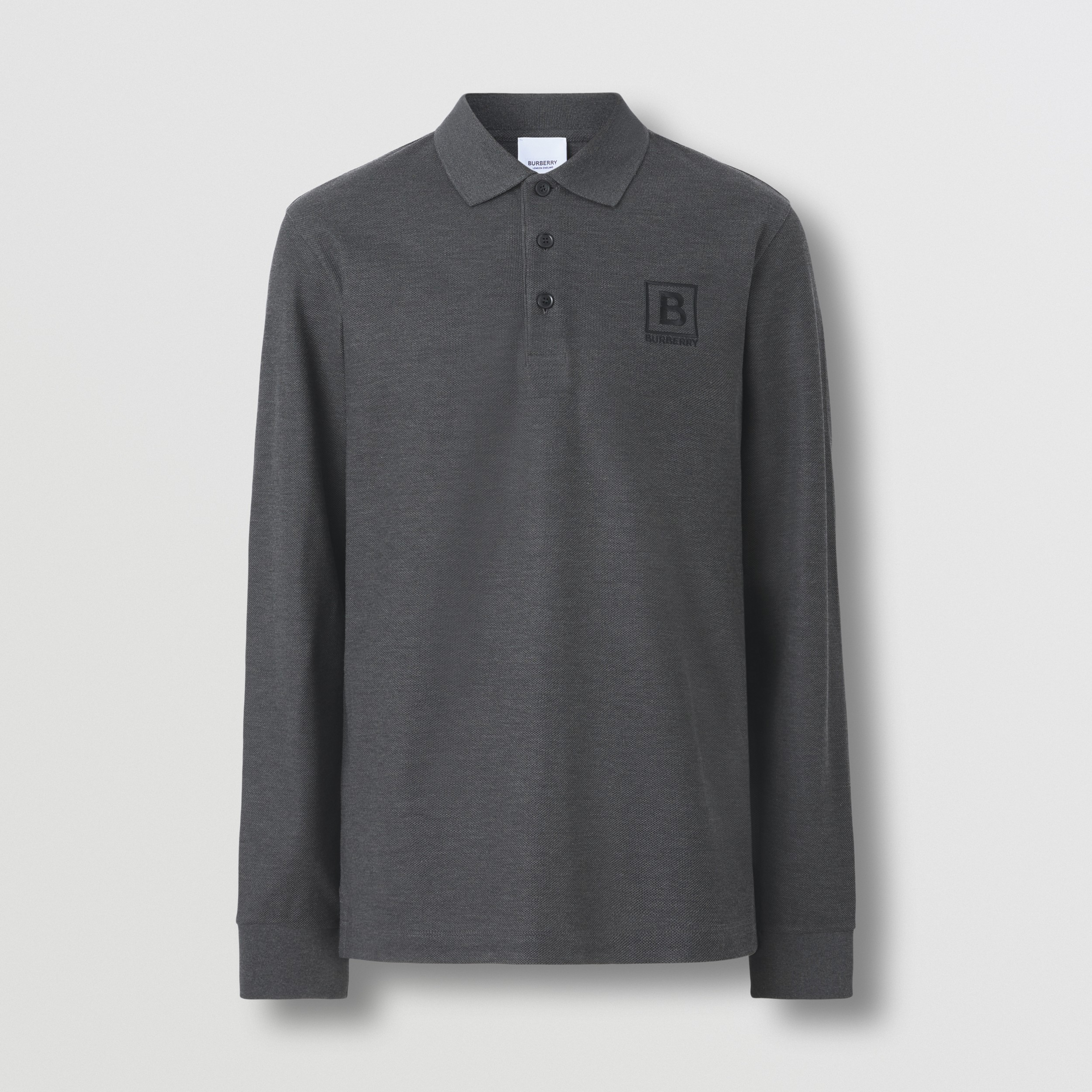 Long-sleeve Letter Graphic Cotton Piqué Polo Shirt in Charcoal Melange - Men | Burberry® Official - 1