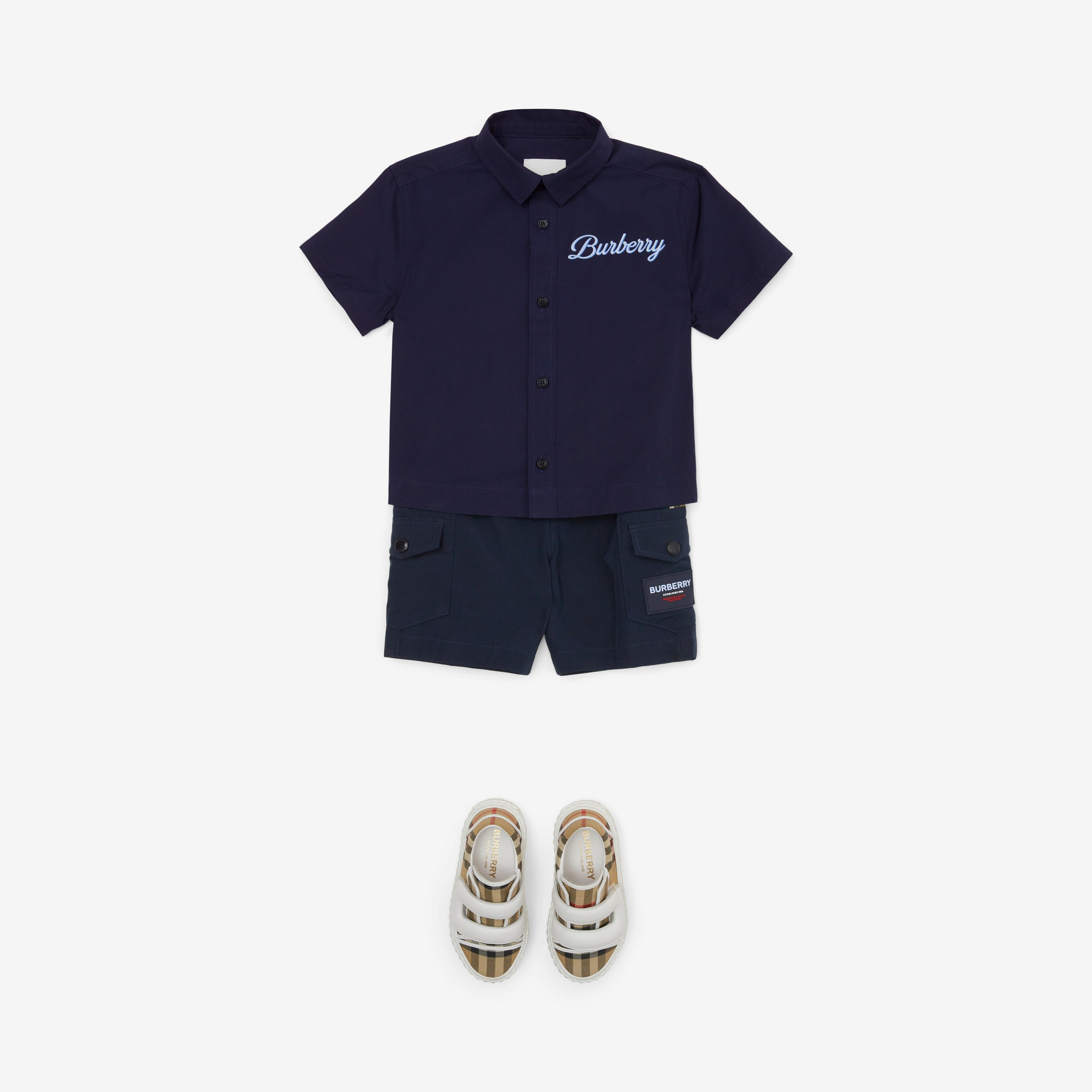 Camicia in cotone stretch con stampa logo in corsivo (Blu Carbone Profondo) - Bambini | Sito ufficiale Burberry® - 3