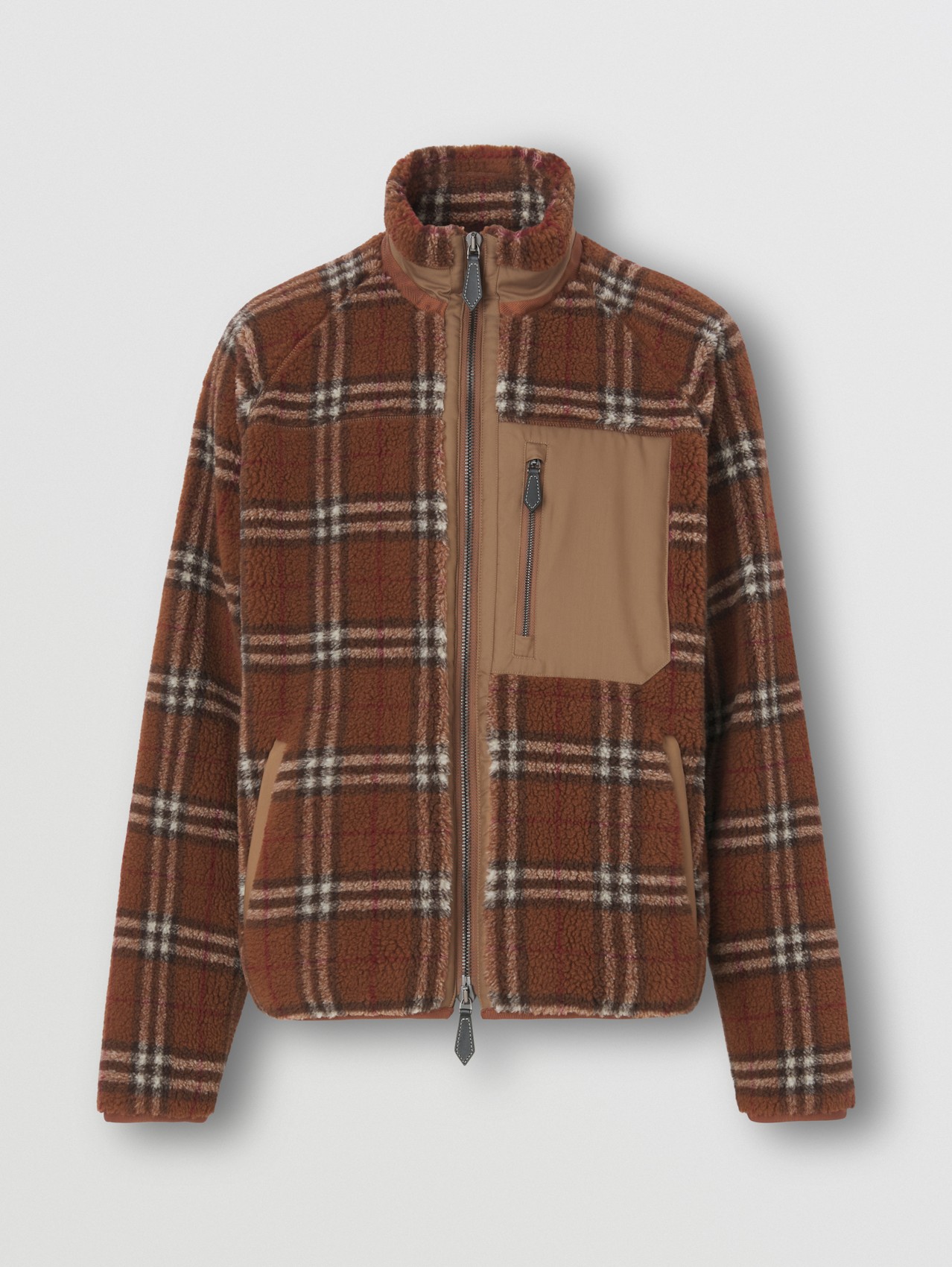 Vintage Check Fleece Funnel Neck Jacket in Dark Birch Brown