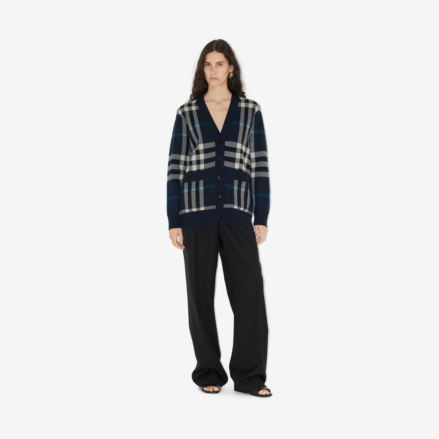 Cardigan oversize in lana e cashmere con motivo tartan in jacquard (Blu Carbone Scuro) - Donna | Sito ufficiale Burberry®