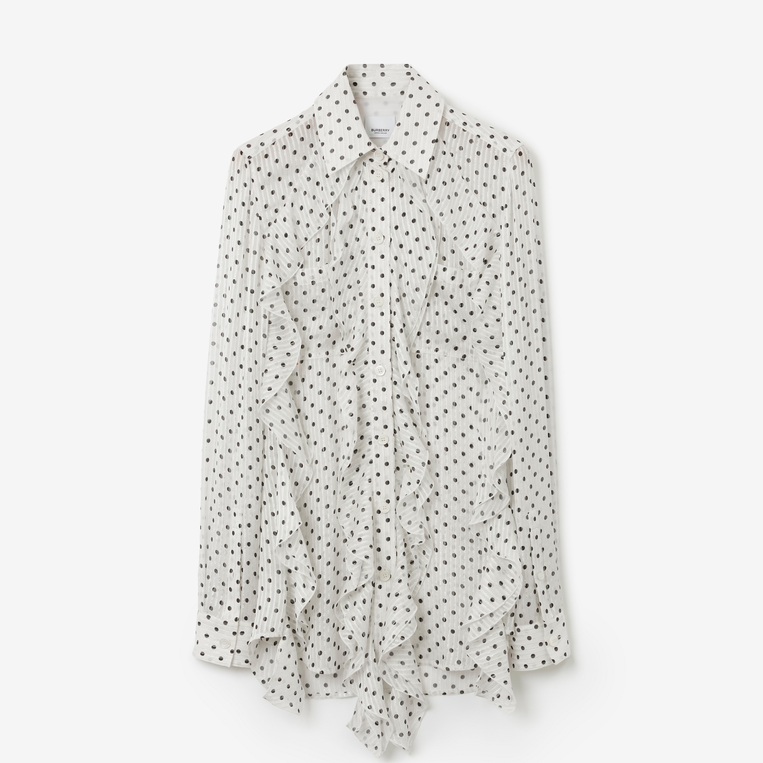 Blusa de chifon de seda em estampa de poá com detalhes franzidos (Branco) - Mulheres | Burberry® oficial - 1