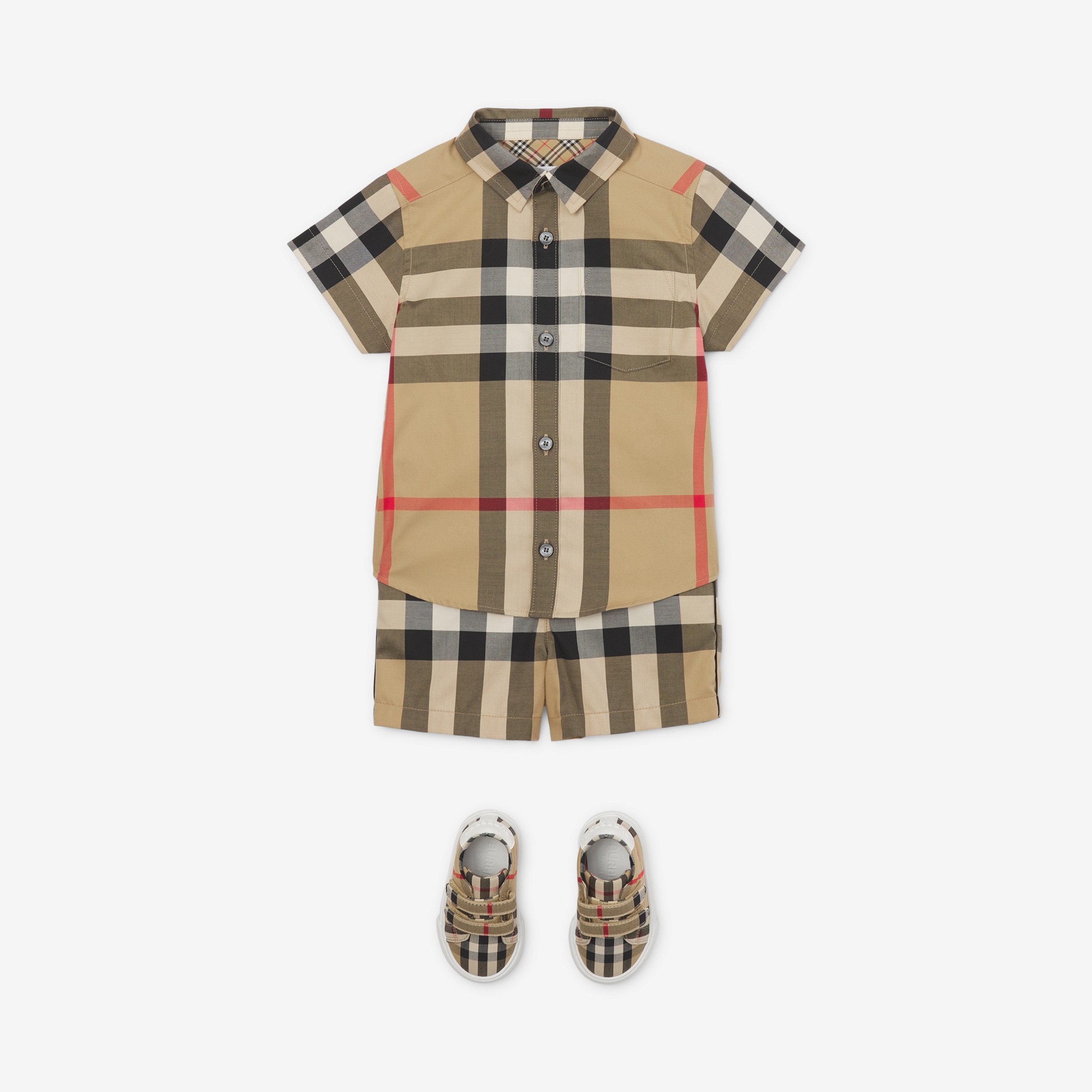 Short-sleeve Check Stretch Cotton Shirt in Archive Beige - Children | Burberry® Official - 3