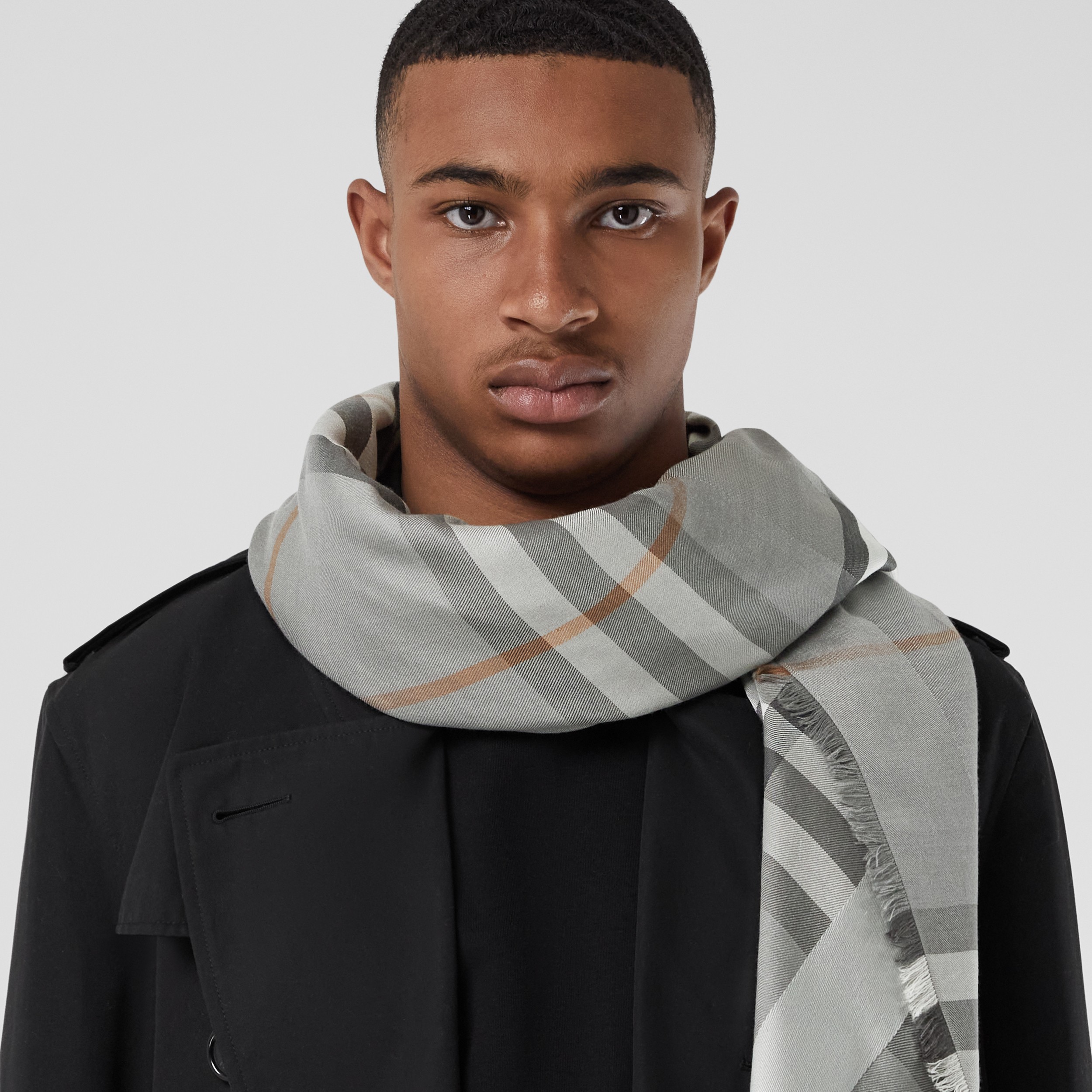Check Silk Wool Large Square Scarf in Grey | Burberry® Official - 4