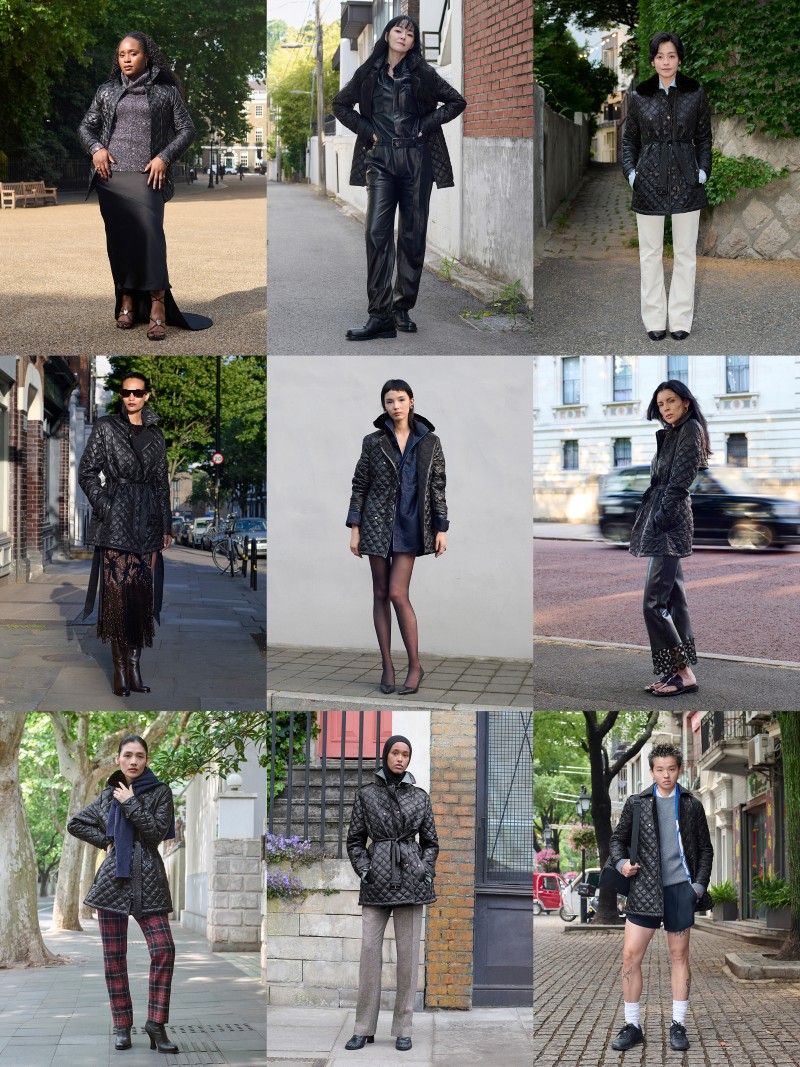 Grid of 9 Shots of a mixture of personalities & Burberry employees wearing the Rosedale Quilt Jacket in colour Black