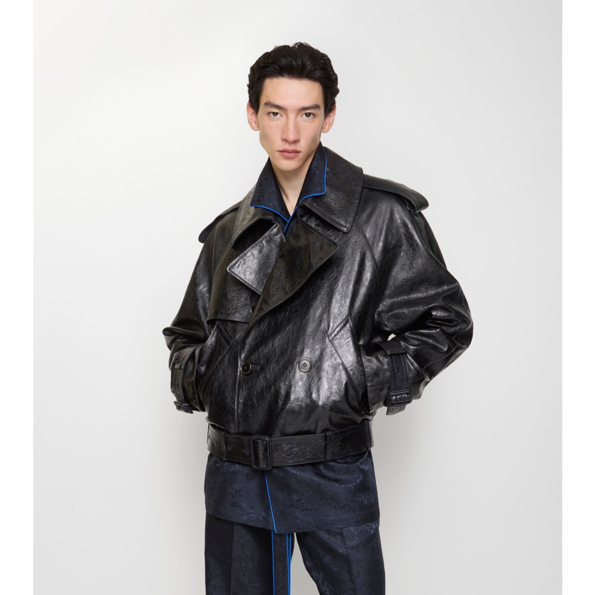  Check Cropped Embossed Leather Trench Jacket